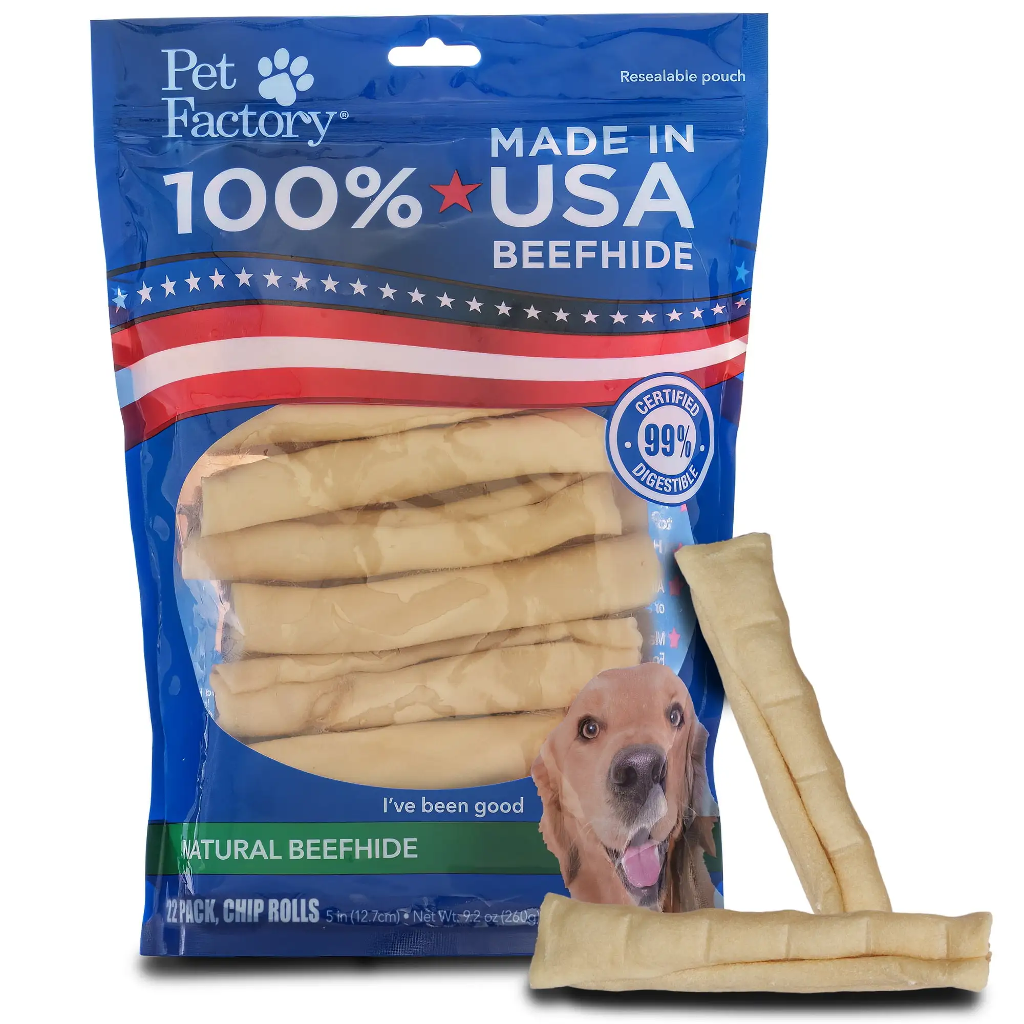 Pet Factory 100% Made in USA Beefhide Chip Rolls Natural Flavor - 5. 22 Count