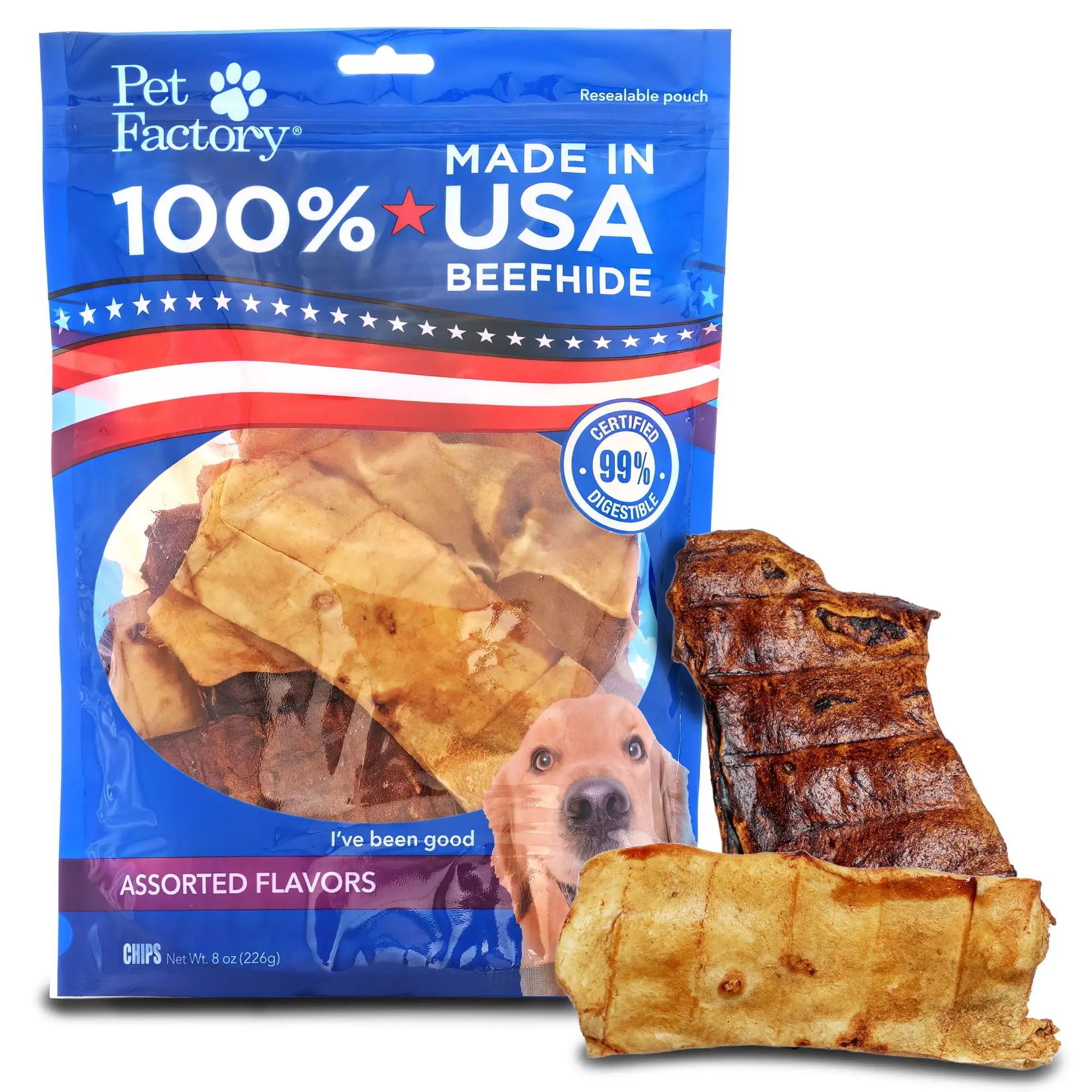 Pet Factory 100% Made in USA Beefhide Chips Dog Chew Treats - Beef & Chicken Flavor. 8 oz