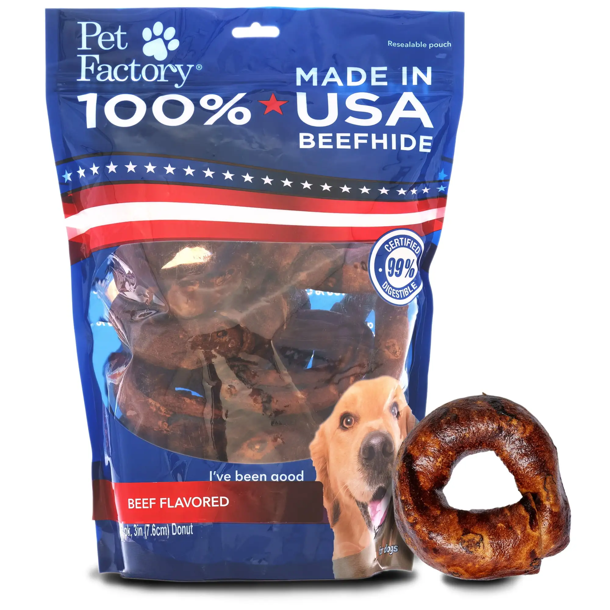 Pet Factory 100% Made in USA Beefhide Donuts Beef Flavored - 3. 12 Count