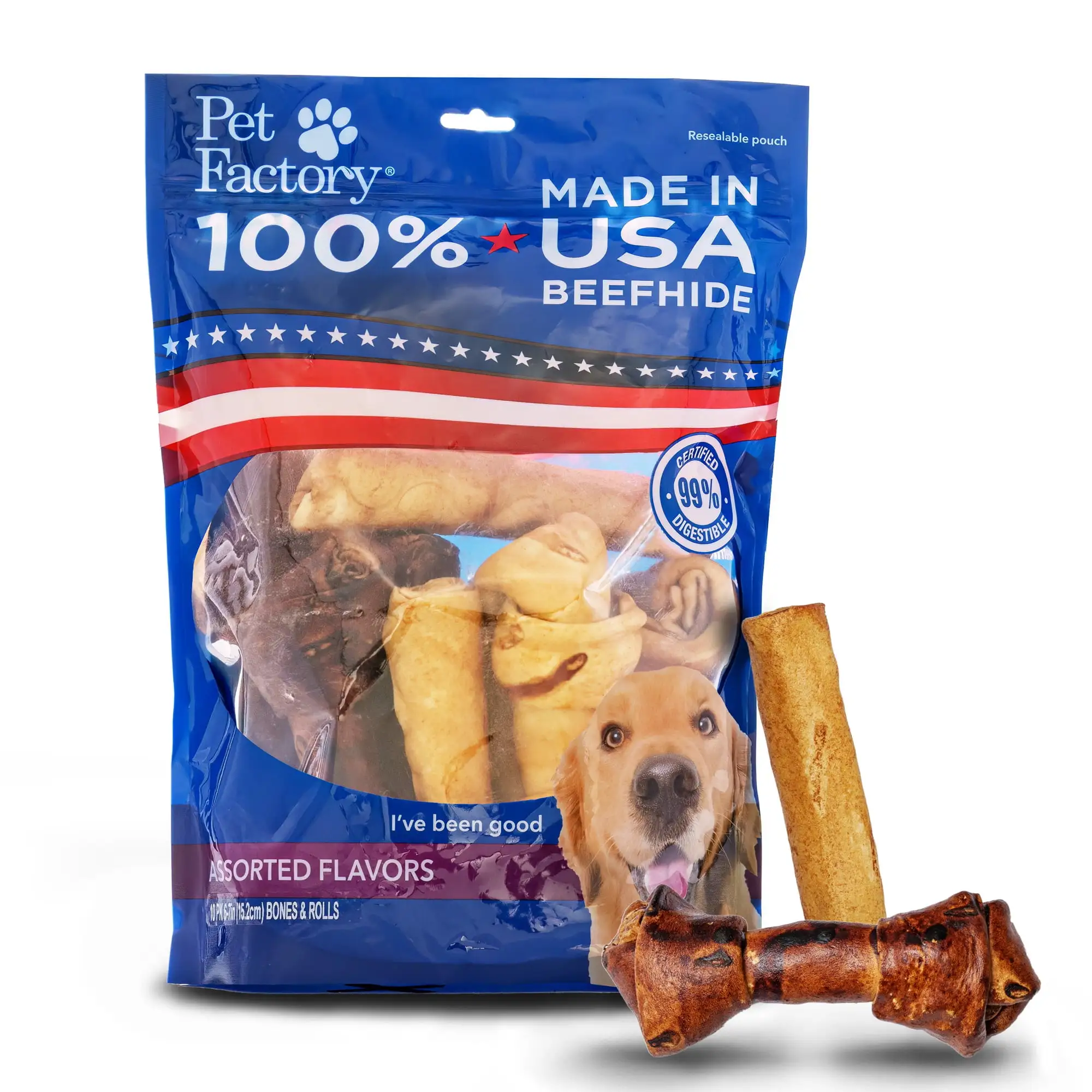 Pet Factory 100% Made in USA Beefhide Medium Assorted (5 Bones. 5 Rolls). Assorted Flavors (Beef & Chicken) - 6-7. 10 Count