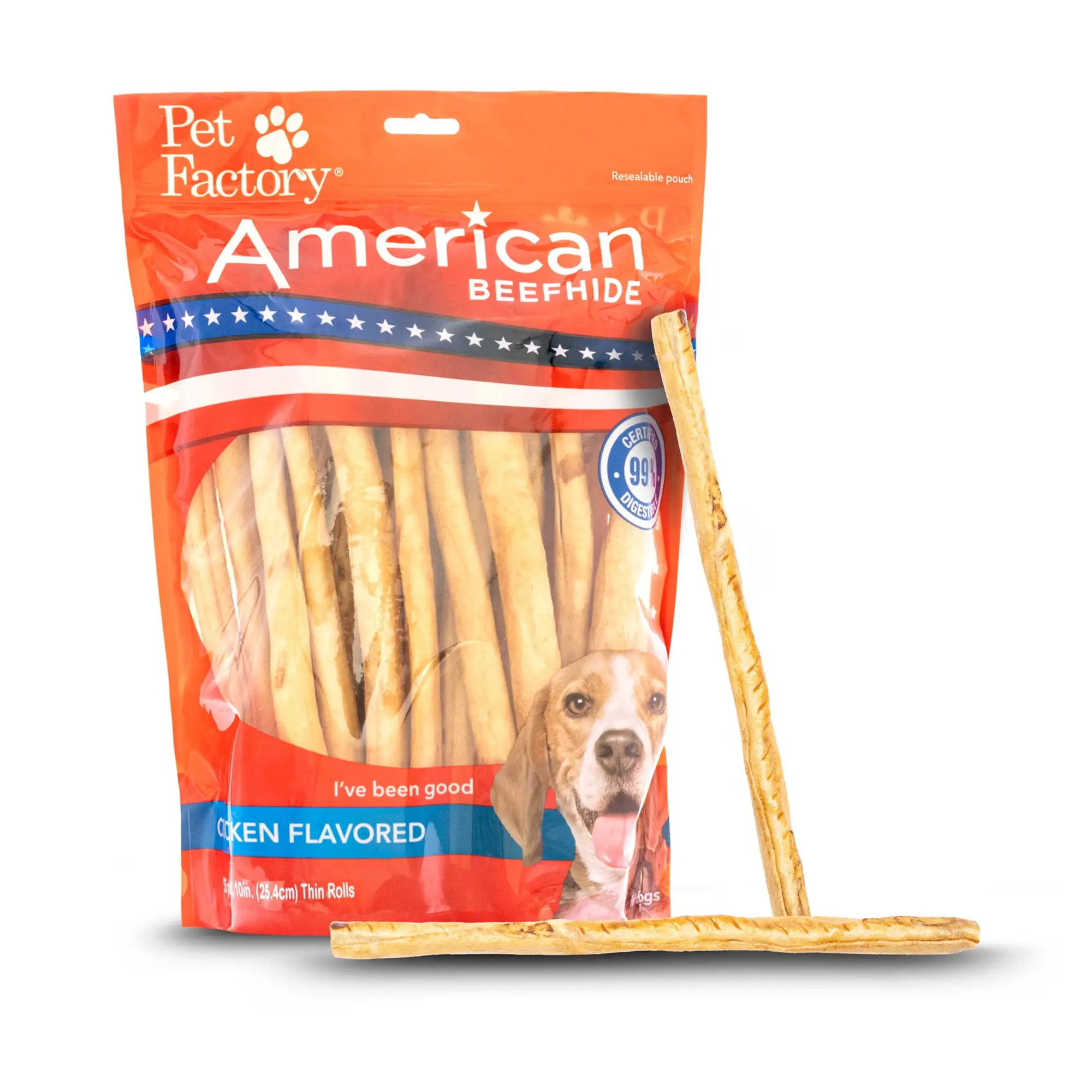 Pet Factory American Beefhide 10 Thin Rolls Dog Chew Treats - Chicken Flavor. 35 Count/1 Pack Thin Rolls (10 Inches) Chicken 35 Count (Pack of 1)