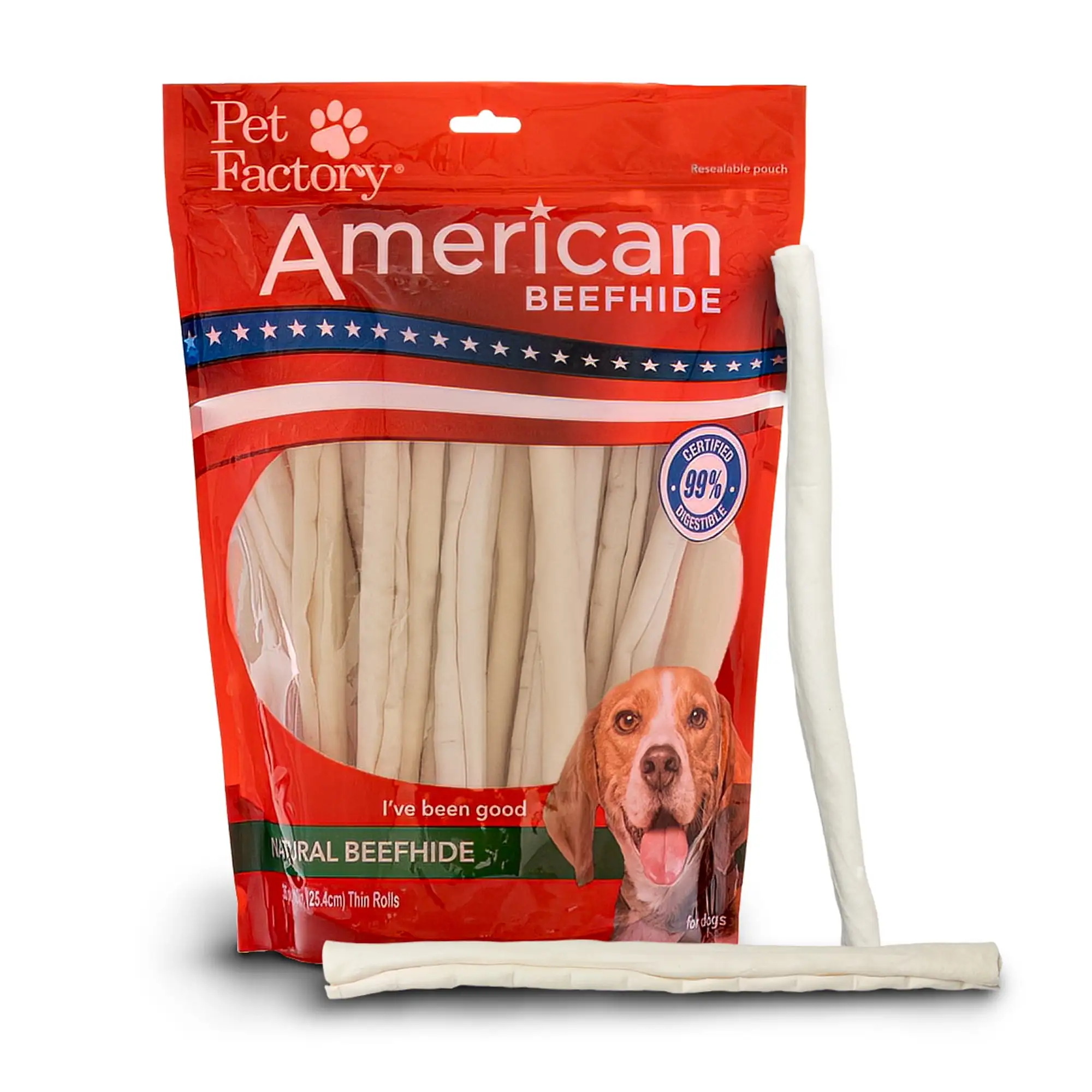 Pet Factory American Beefhide 10 Thin Rolls Dog Chew Treats - Natural Flavor. 35 Count/1 Pack