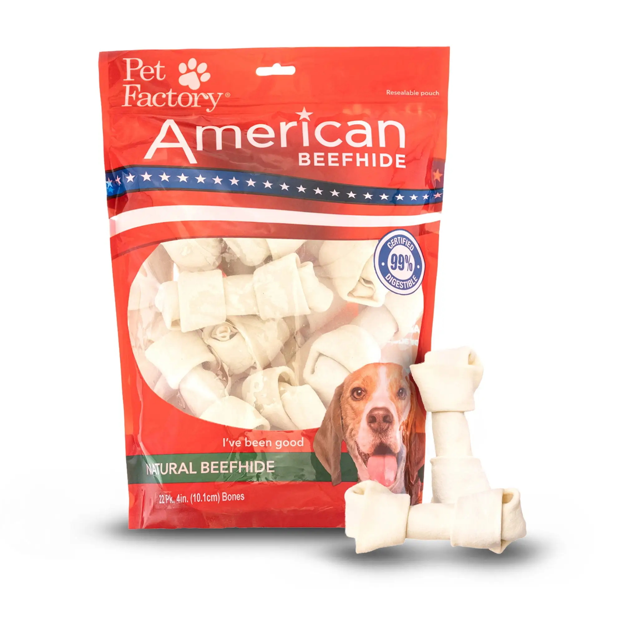 Pet Factory American Beefhide 4-5 Knotted Bones Dog Chew Treats - Natural Flavor. 22 Count/1 Pack