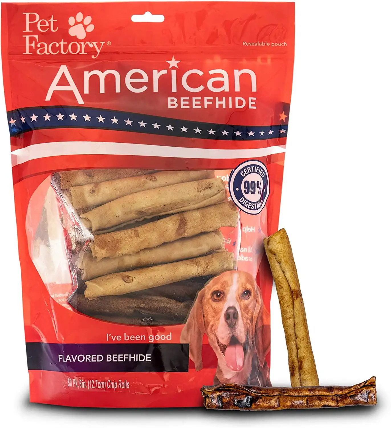 Pet Factory American Beefhide 5 Chip Rolls Dog Chew Treats - Beef & Chicken Flavor. 50 Count/1 Pack Beef & Chicken 50 Count (Pack of 1)