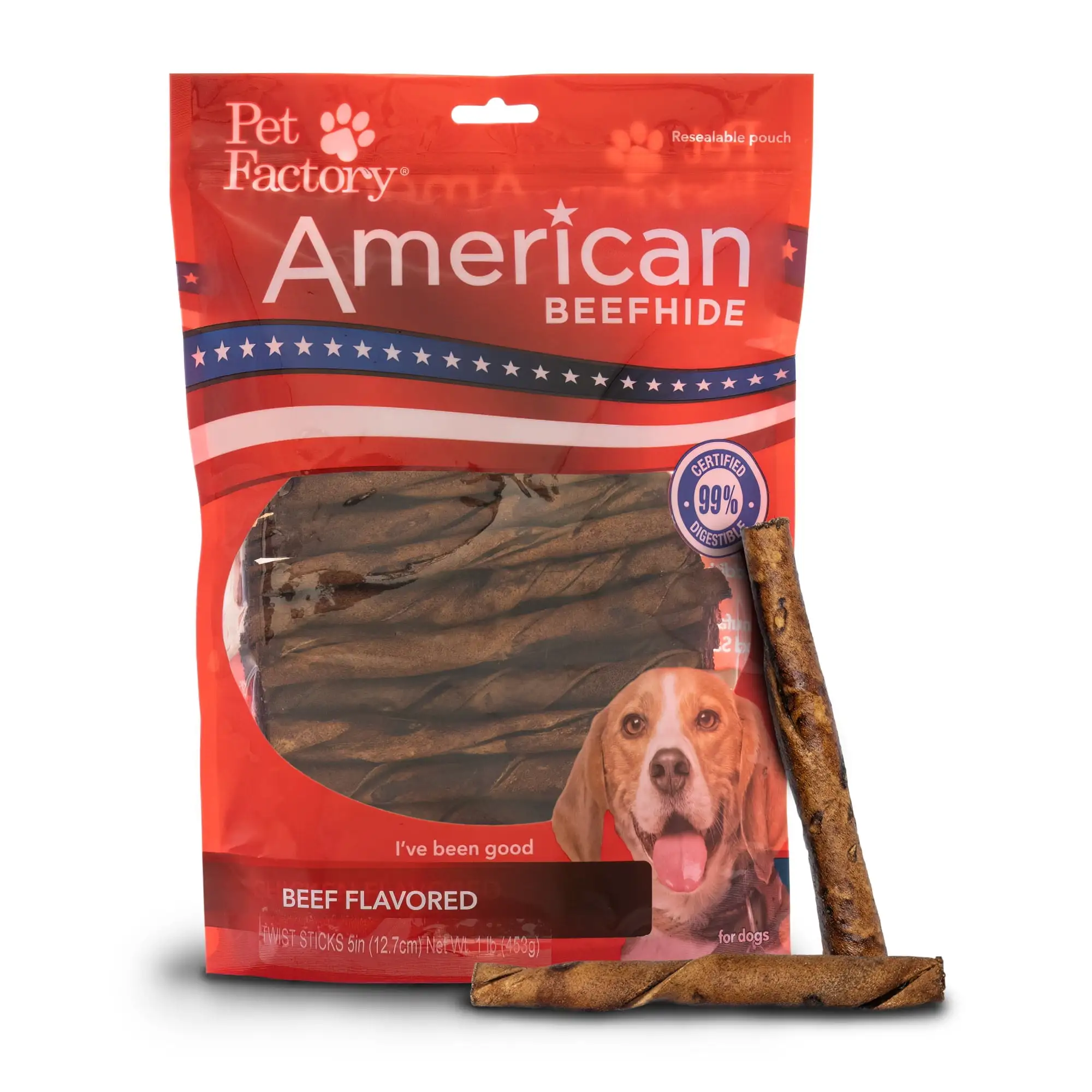 Pet Factory American Beefhide 5 Twist Sticks Dog Chew Treats - Beef Flavor. 1 lb