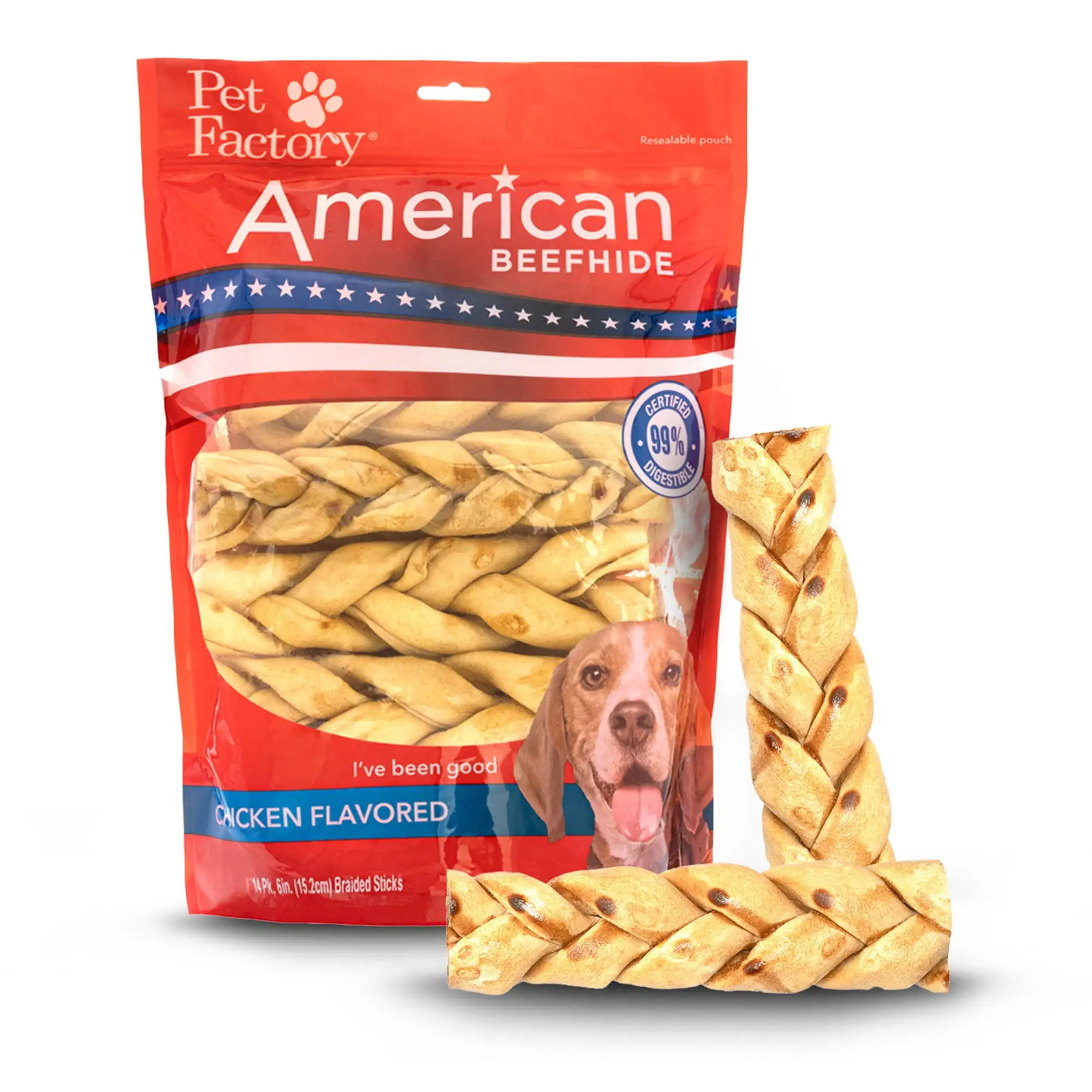 Pet Factory American Beefhide Braided Sticks Chicken Flavored - 6. 14 Count