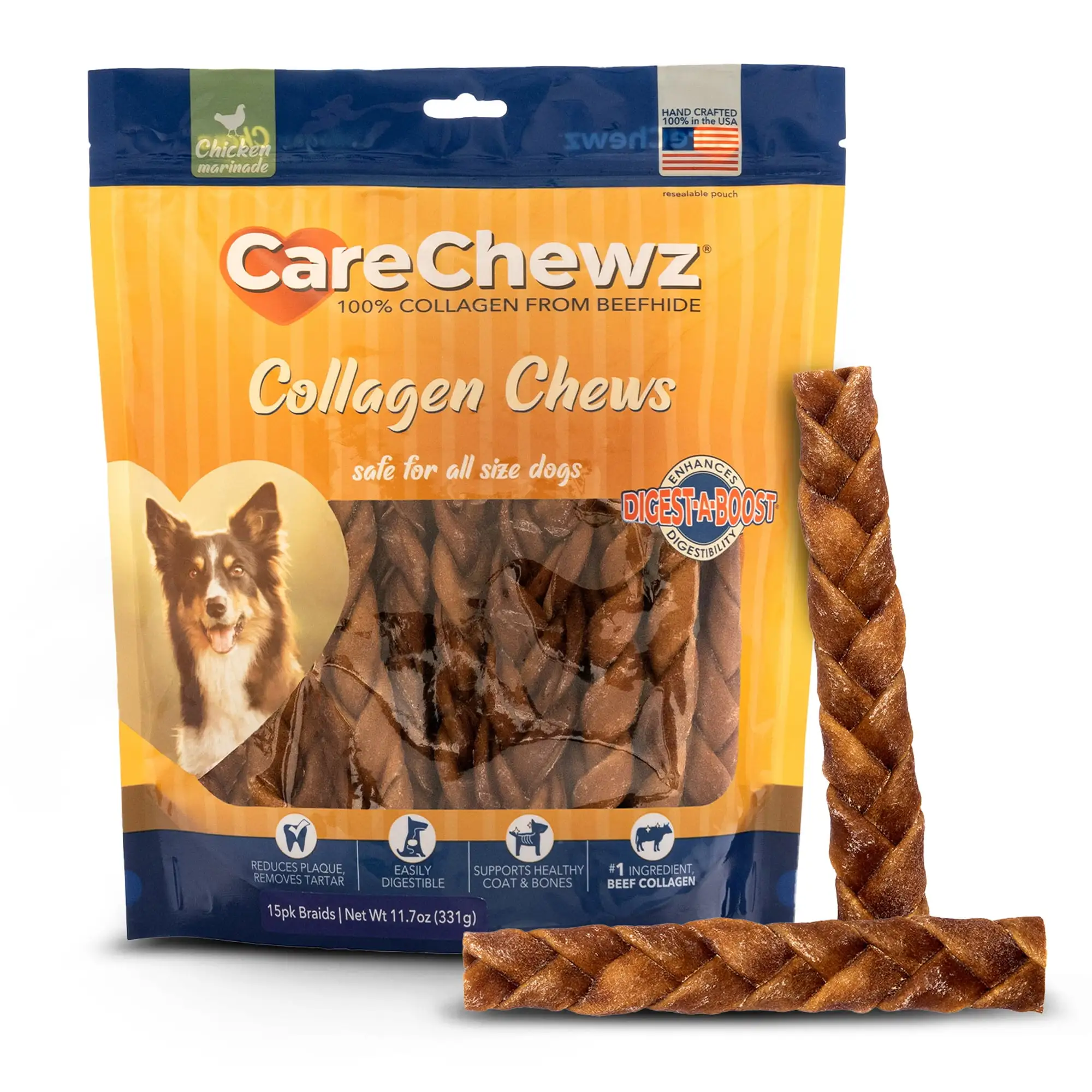 Pet Factory CareChewz Collagen 6-7 Skinny Braided Sticks Dog Chew Treats - Chicken Flavor. 15 Count/1 Pack