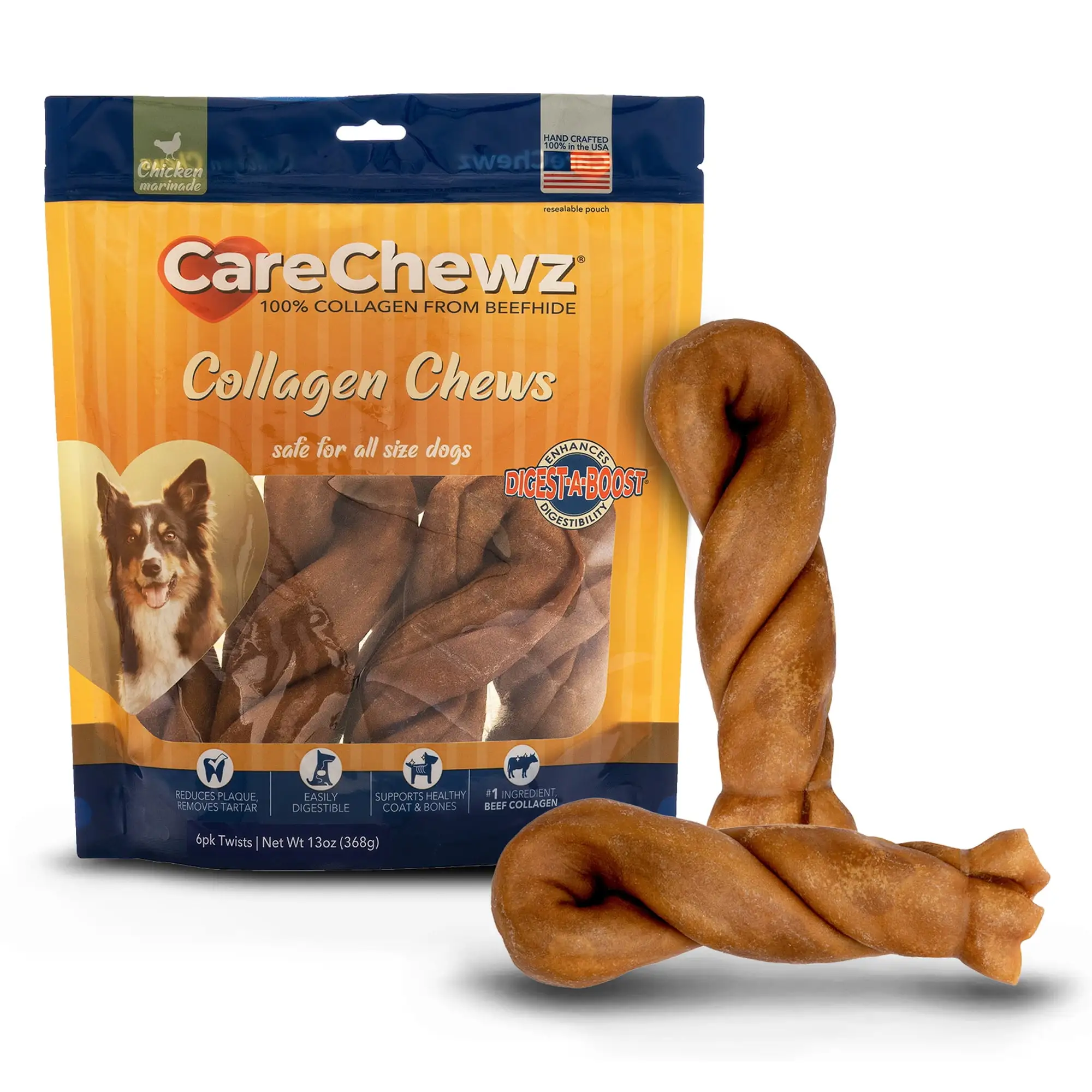 Pet Factory CareChewz Collagen 6-7 Twist Keys Dog Chew Treats - Chicken Flavor. 6 Count/1 Pack