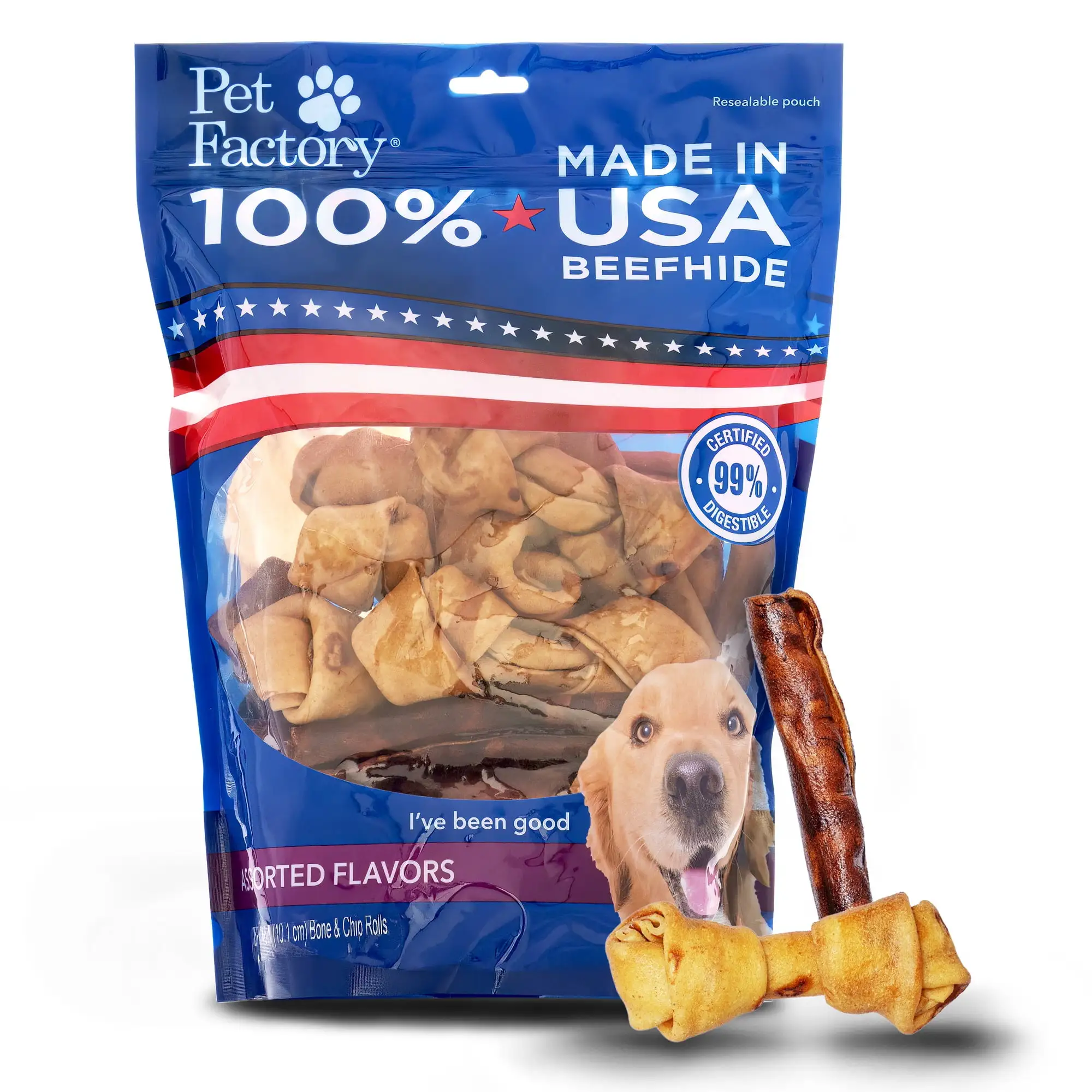 Pet Factory Made in USA Beefhide Small Assorted (12 Bones. 13 Chip Rolls). Assorted Flavors (Beef & Chicken) - 4-6. 25 Count