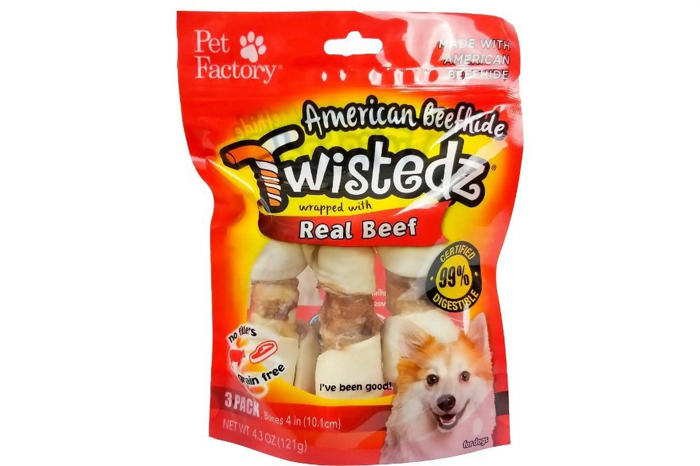 Pet Factory Twistedz American Beefhide 4-5 Knotted Bones Dog Chew Treats w/ Real Beef Meat Wrap - 3 Count/1 Pack