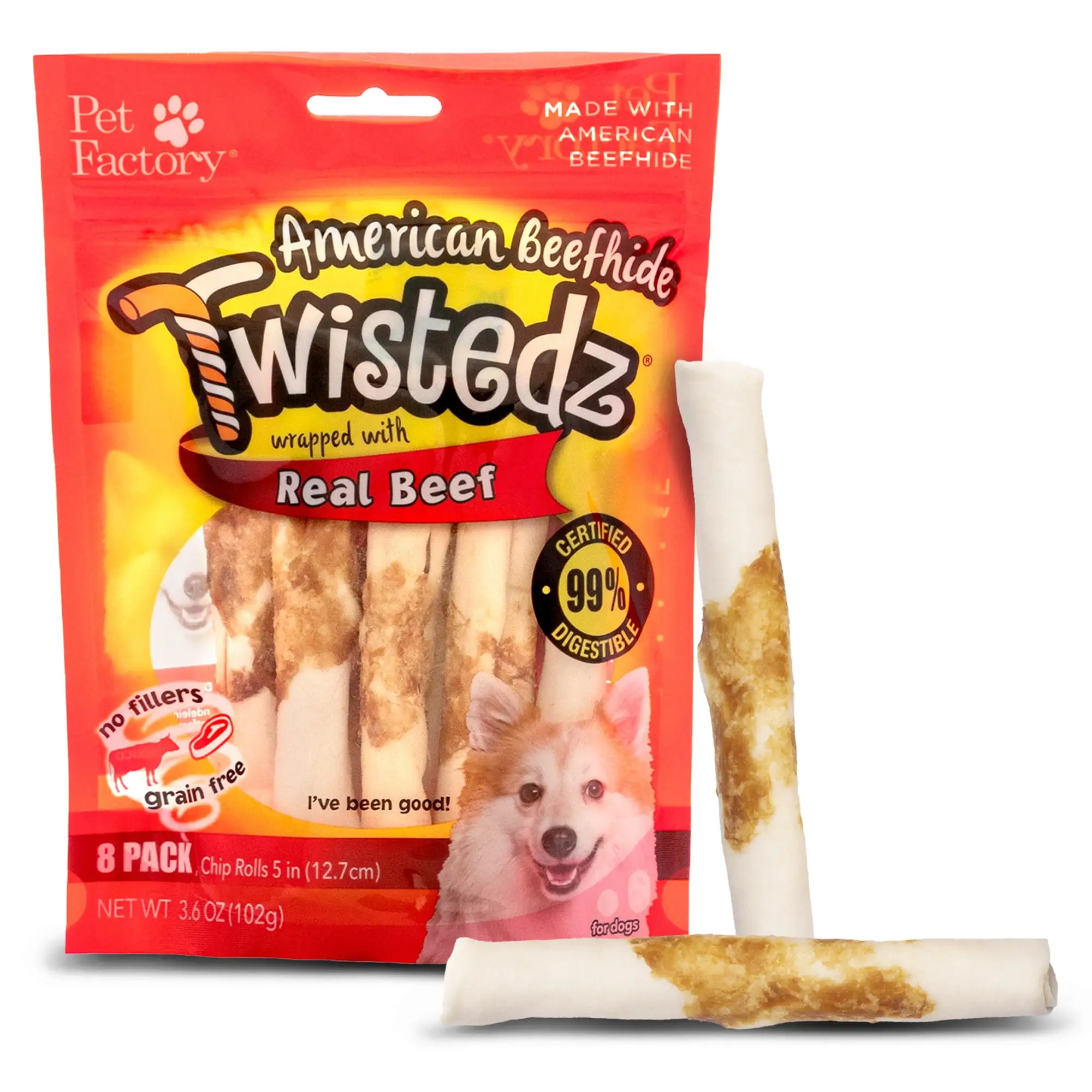 Pet Factory Twistedz American Beefhide Chip Rolls w/ Beef Meat Wrap 5. 8 Count