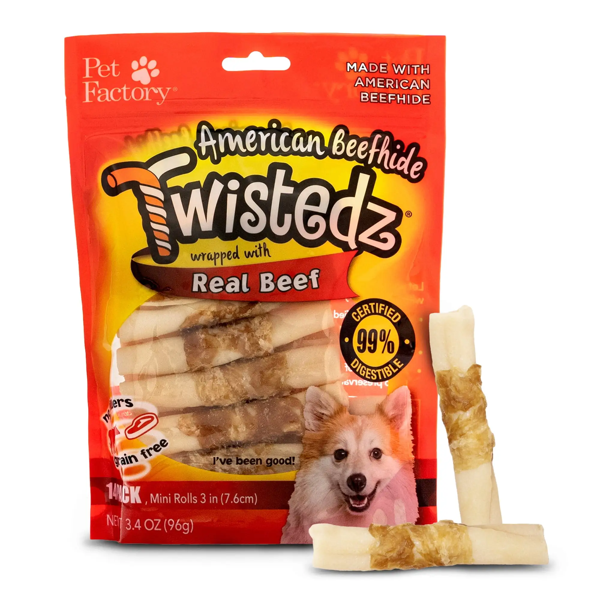 Pet Factory Twistedz American Beefhide Mini Rolls w/ Beef Meat Wrap - 3-3.5. 14 Count