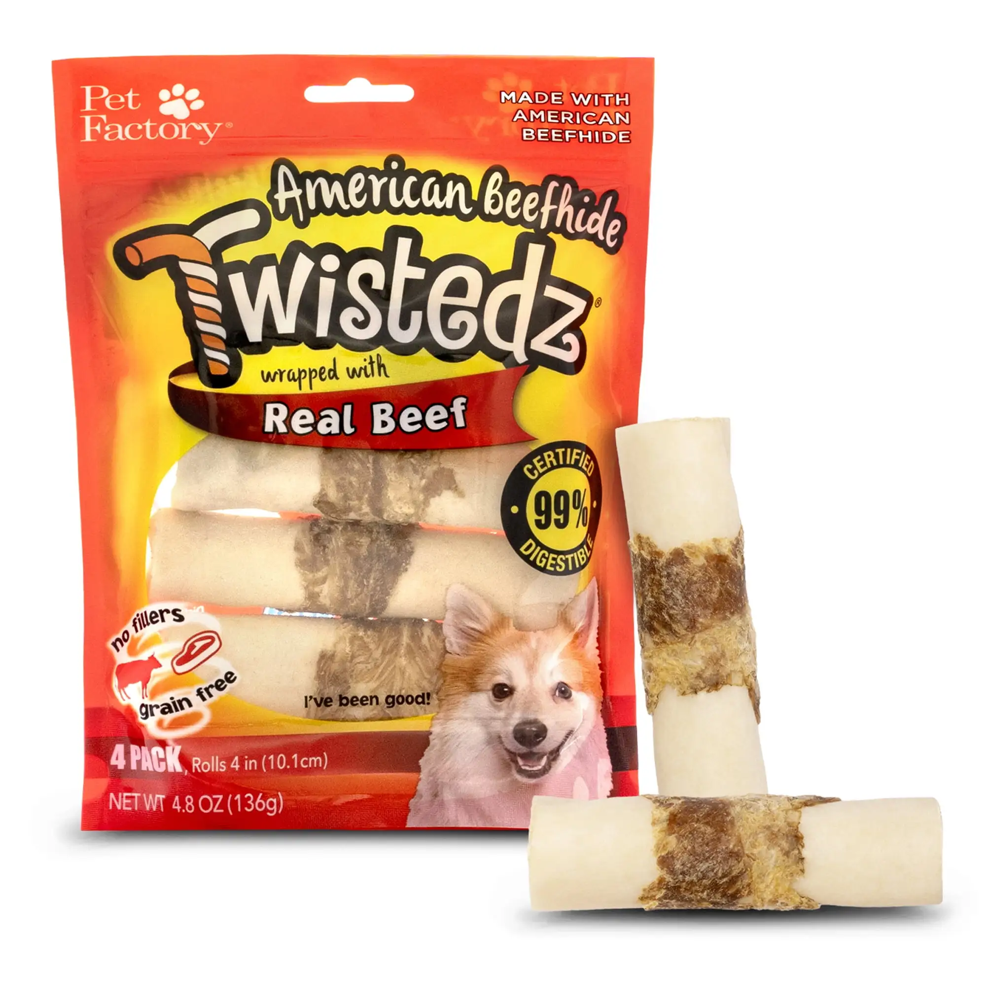 Pet Factory Twistedz American Beefhide Rolls w/ Beef Meat Wrap - 4. 4 Count