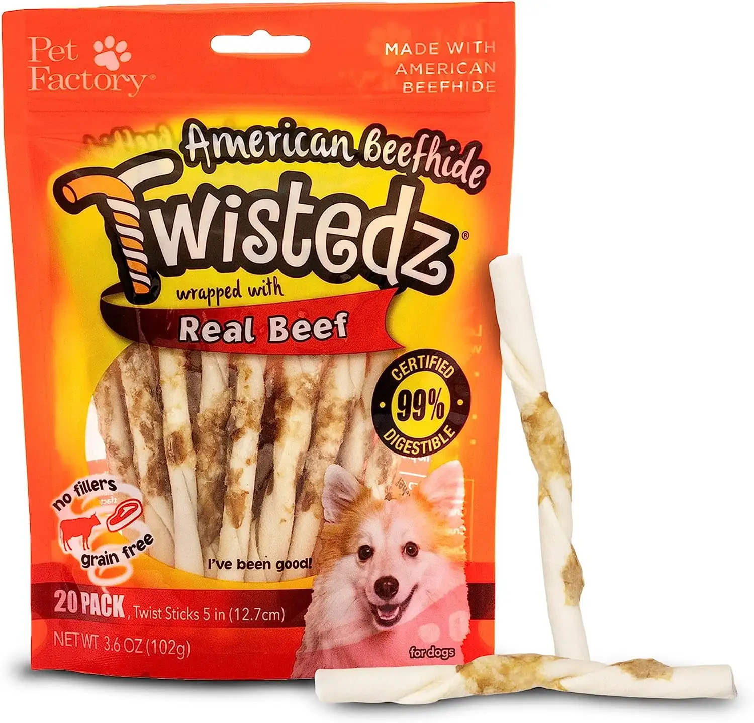 Pet Factory Twistedz American Beefhide Twist Sticks w/ Beef Meat Wrap - 5. 20 Count