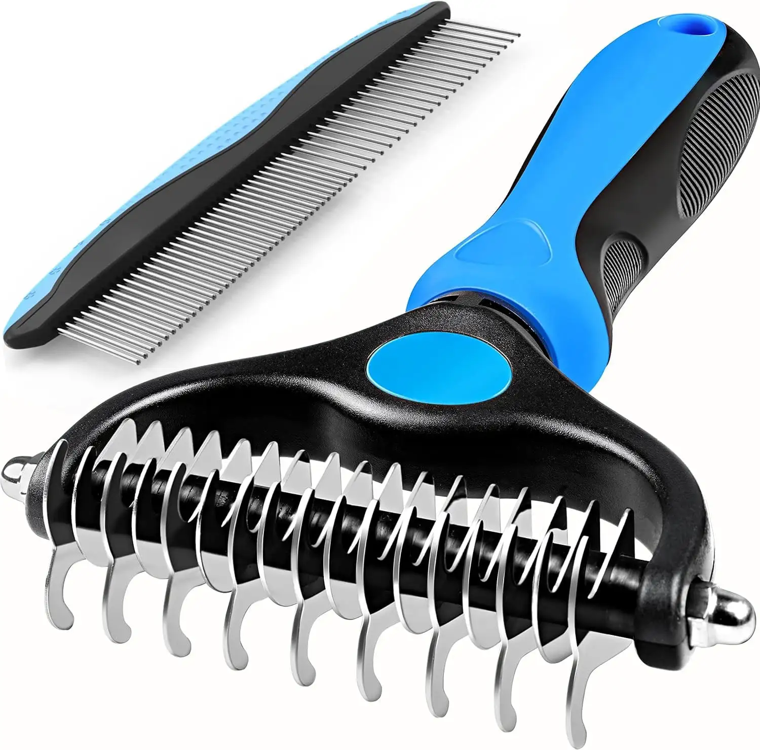 Pet Grooming Brush and Metal Comb. Cat Brush Undercoat Rake for Dogs Grooming Supplies Dematting Deshedding Brush for Shedding. Deshedder Brush Dogs Shedding Tool for Long matted Haired Pets. Blue