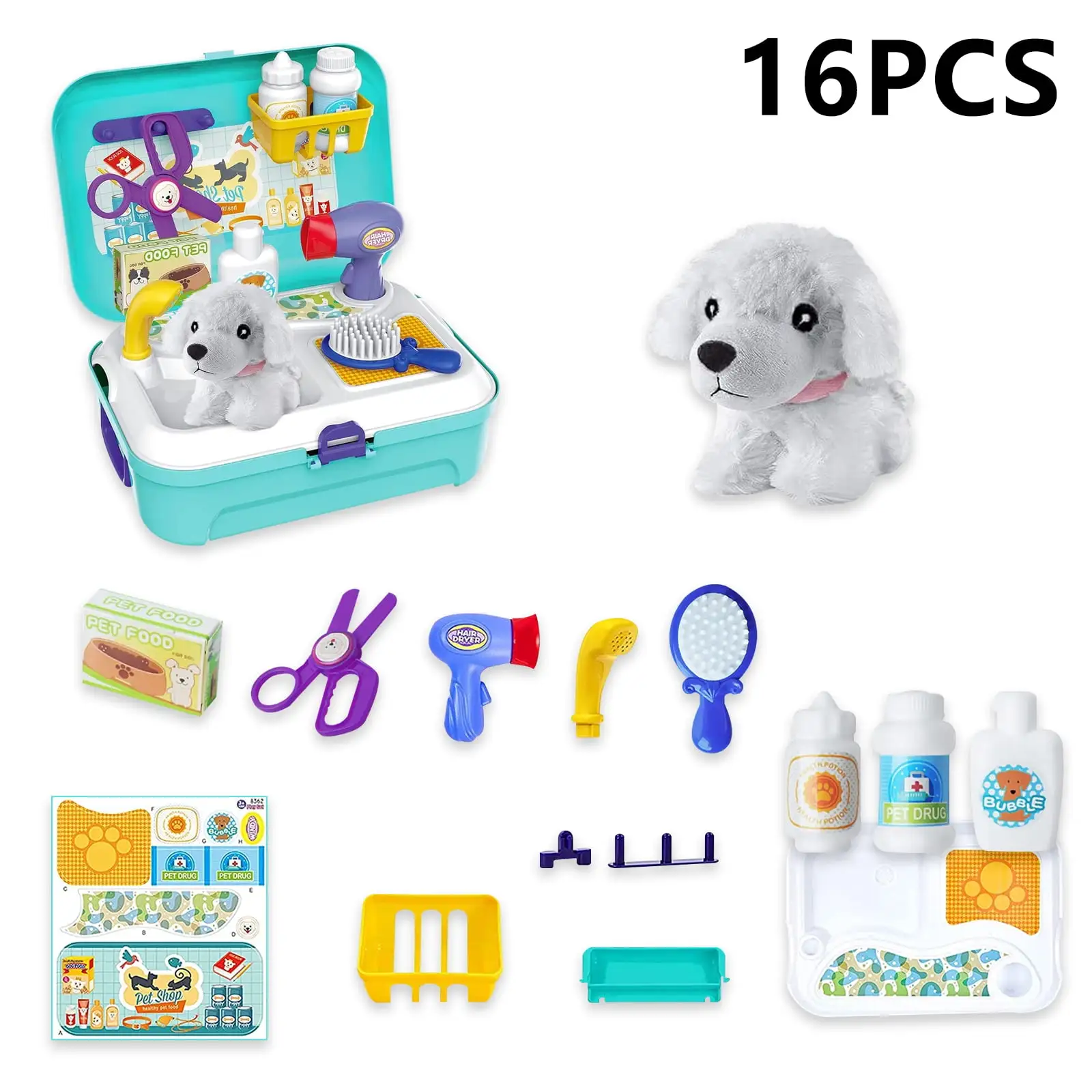 Pet Grooming Kit for Kids. 16 Pieces Pretend Play Set with Puppy Dog Backpack. Non-Toxic Dog Care Doctor Toys for 3-7 Years Old Toddlers Girls Boys