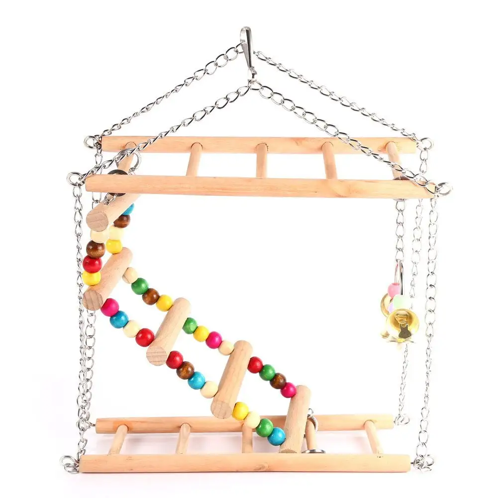 Pet Hanging Ladder Wooden Suspension Bridge Steps Stairs Climbing Swing Double-Layer Toys For Bird Parakeet Hamster Budgie Cockatiel Parrot Hammock Cage Toy