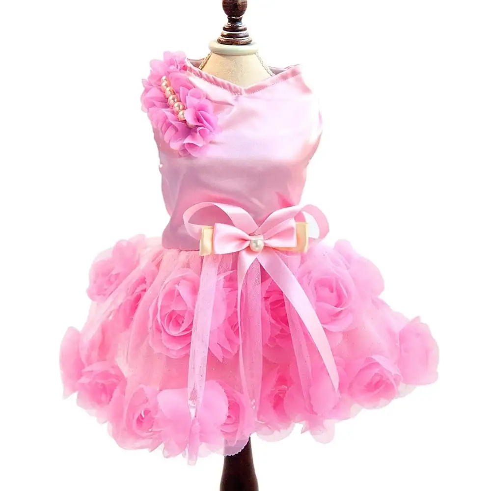 Pet Small Dog Wedding Dress with Bowknot. Birthday Party Costume Rose Pearls Girl Formal Dress for Cat(Pink)S