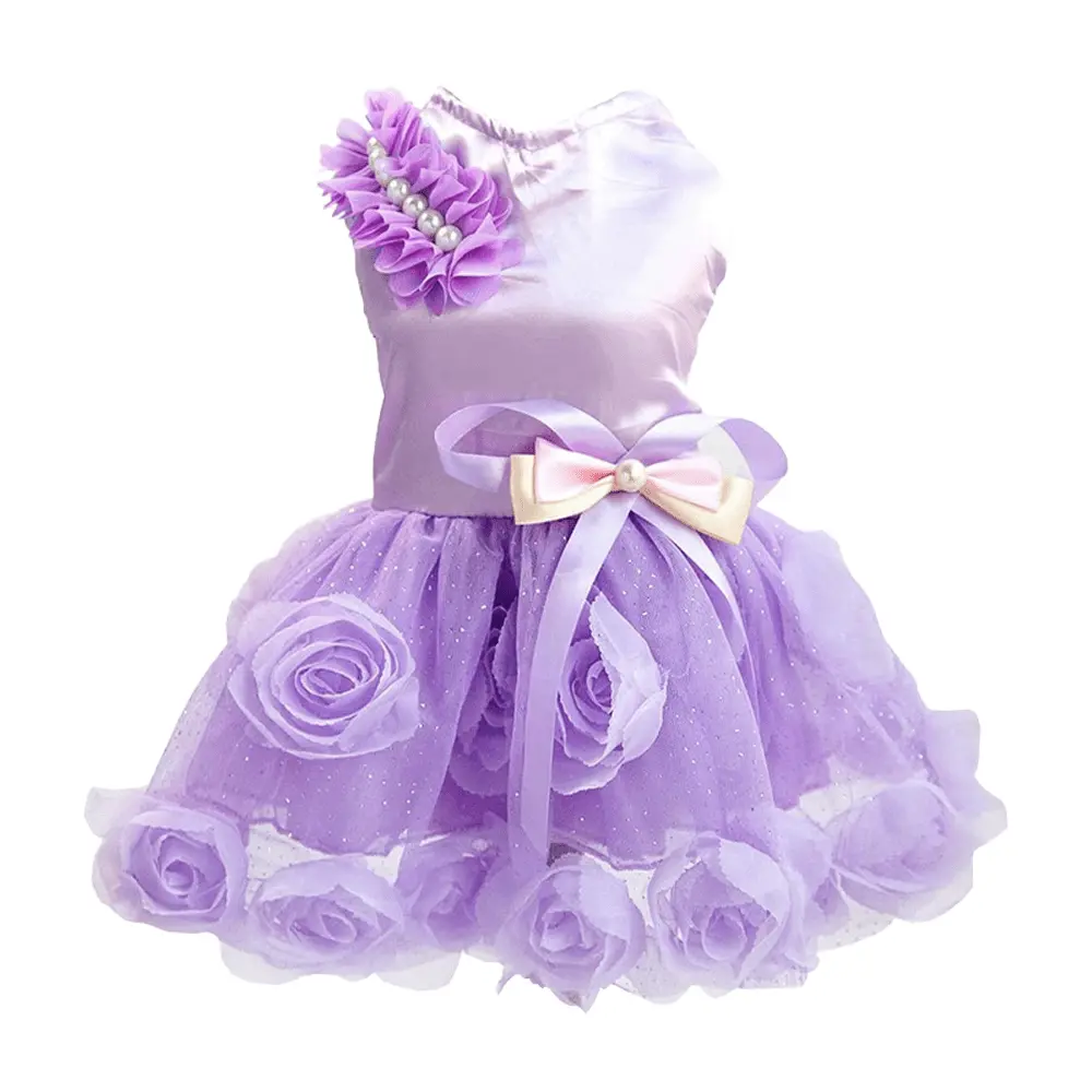 Pet Small Dog Wedding Dress with Bowknot Birthday Party Costume Satin Rose Pearls Girl Formal Dress Cat