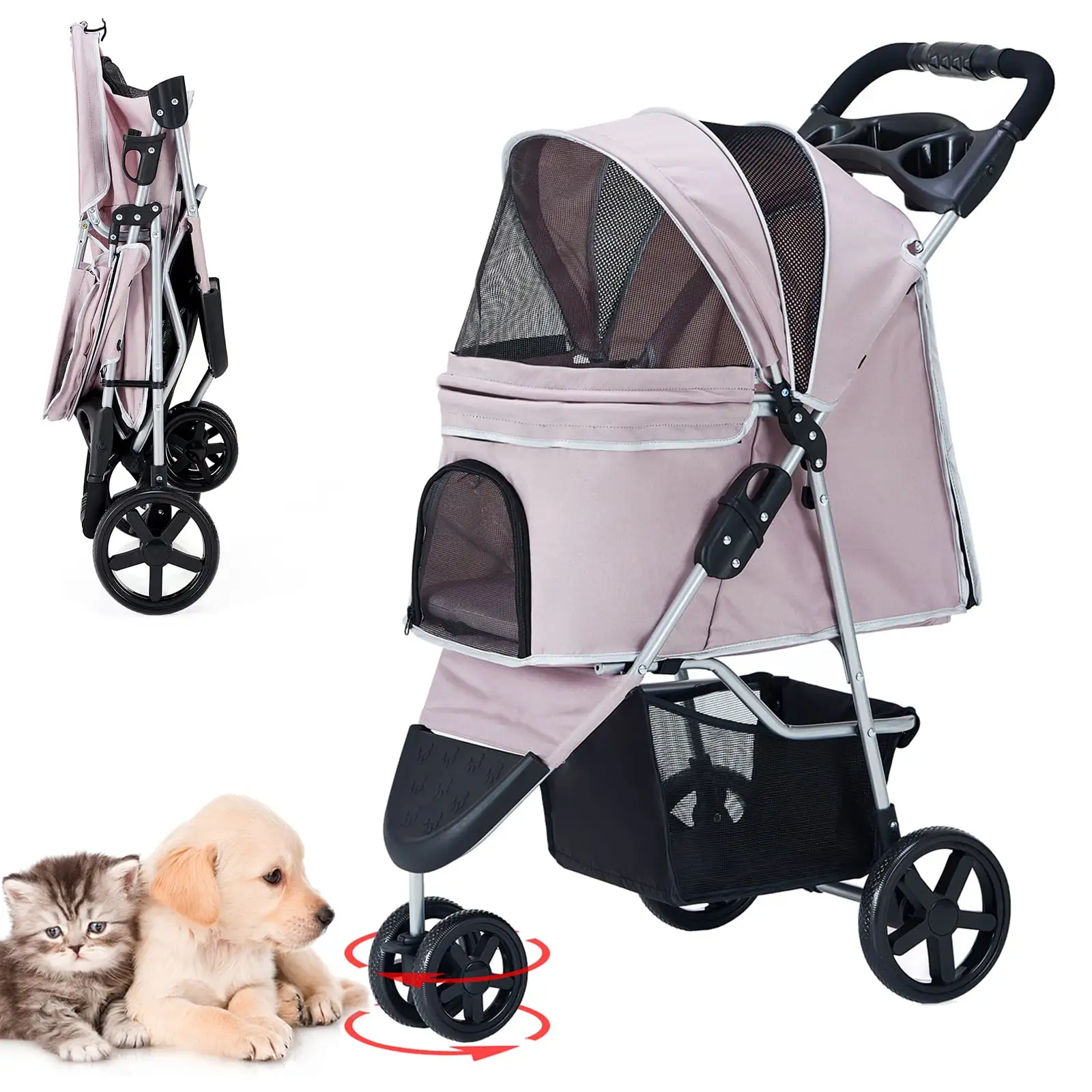 Pet Stroller 3 Wheel Cat & Dog with Storage Basket Foldable Lightweight Trolley-Pink