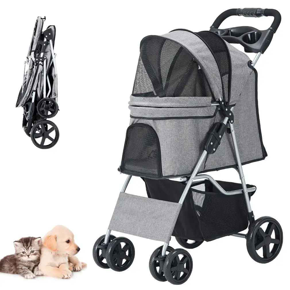 Pet Stroller 4 Wheel with Storage Basket and Cup Holder Foldable Lightweight Trolley for Small Medium Cats & Dogs-Gray