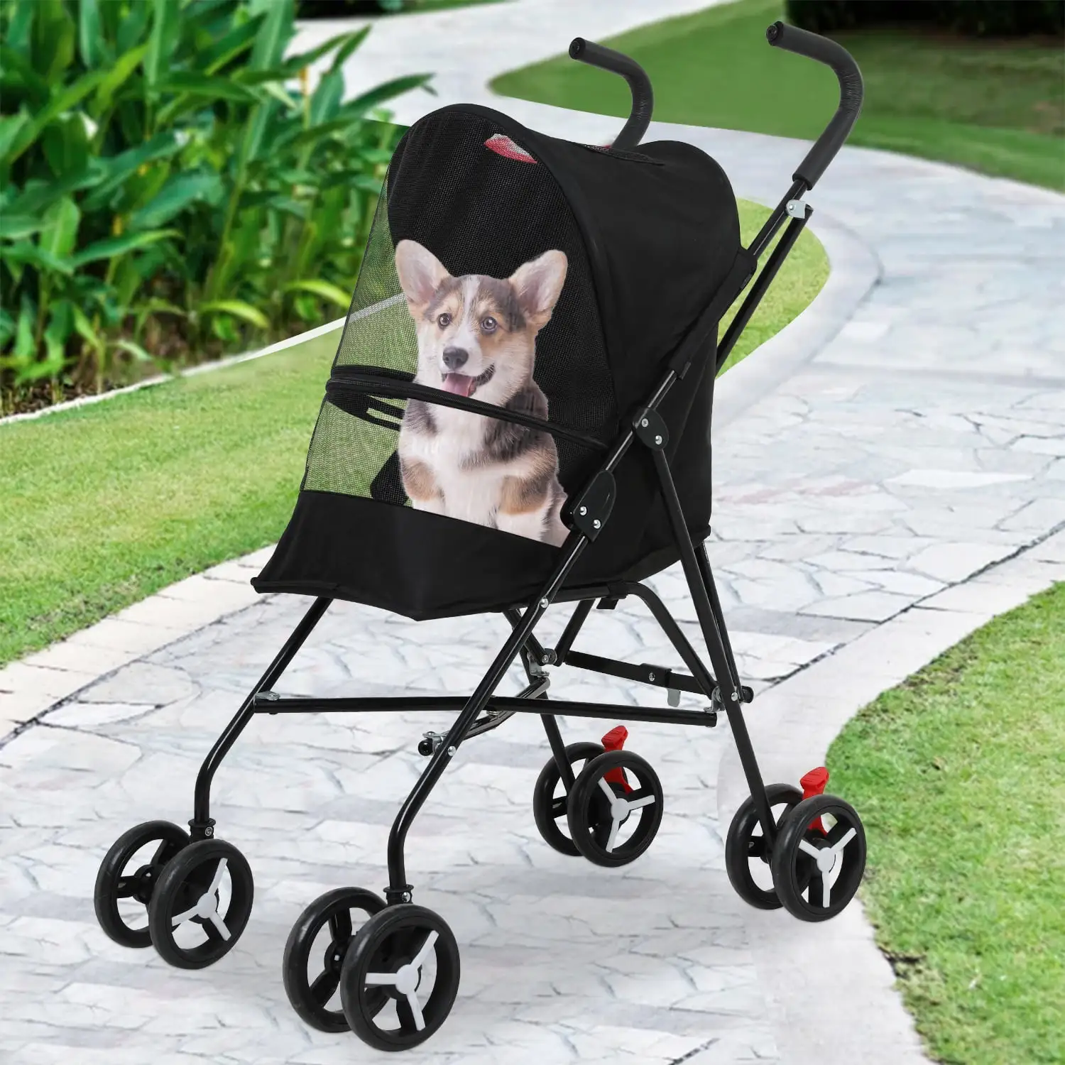 Pet Stroller Dog Cat Stroller with Handlebars Canopy Breathable Mesh & Leash Seat Belt Foldable Puppy Stroller for Small Medium Dogs Cats.Black