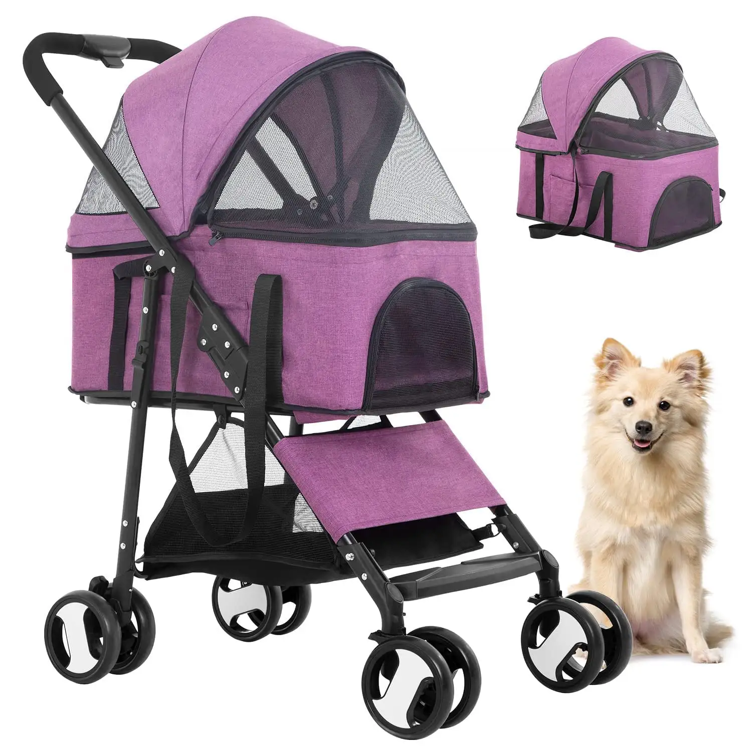 Pet Stroller. Premium 3-in-1 Dog Cat Jogger Stroller for Medium Small Dogs Cats. Folding Lightweight Travel Stroller with Detachable Carrier. Purple