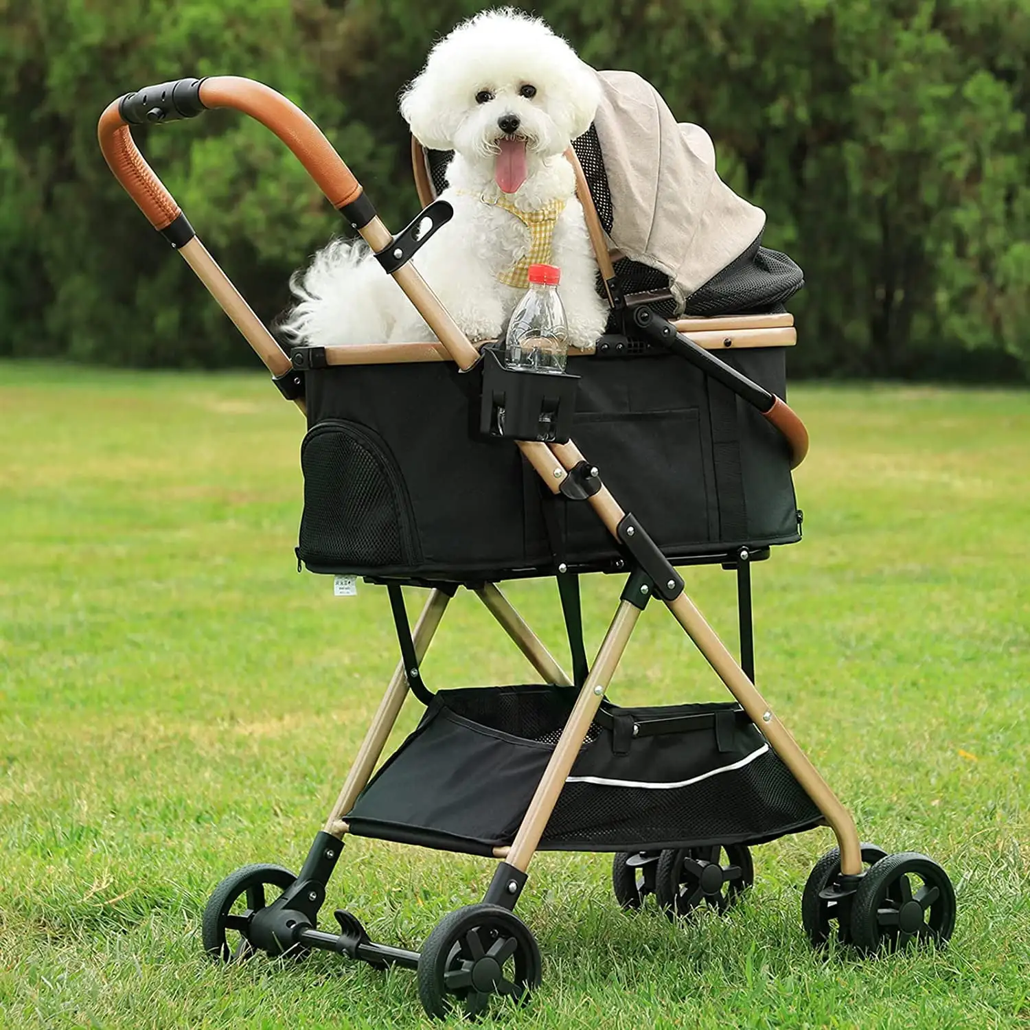 Pet Stroller Premium 3-in-1 for Small Dogs. Zipperless Dual Entry. Dog Stroller with Detachable Carrier. Removable Liner. Foldable Travel Jogging Strolling Cart with Storage Basket. Khaki