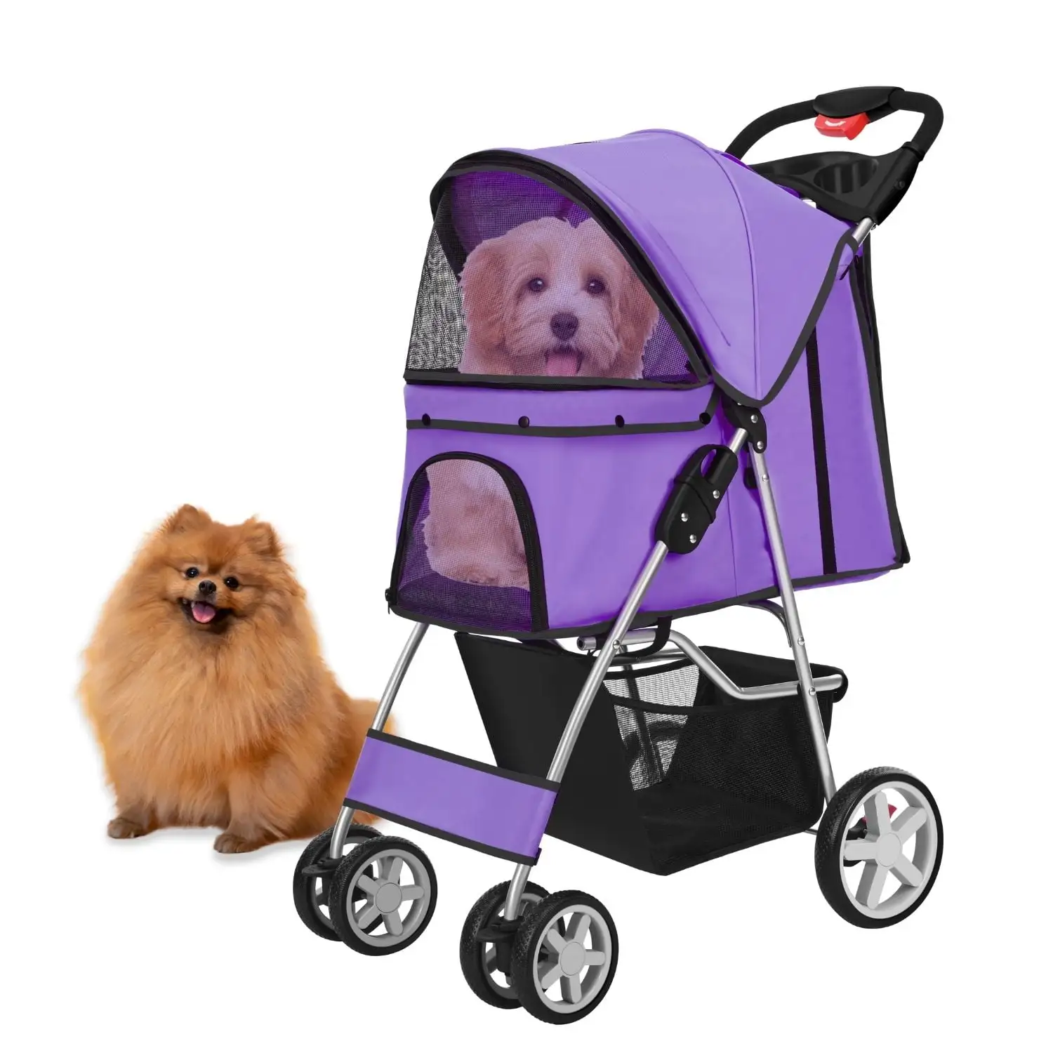 Pet Stroller (Purple) Dog Cat Small Animals Carrier Cage 4 Wheels Folding Flexible Easy to Carry for Jogger Jogging Walking Travel Up to 30 Pounds with Sun Shade Cup Holder Mesh Window