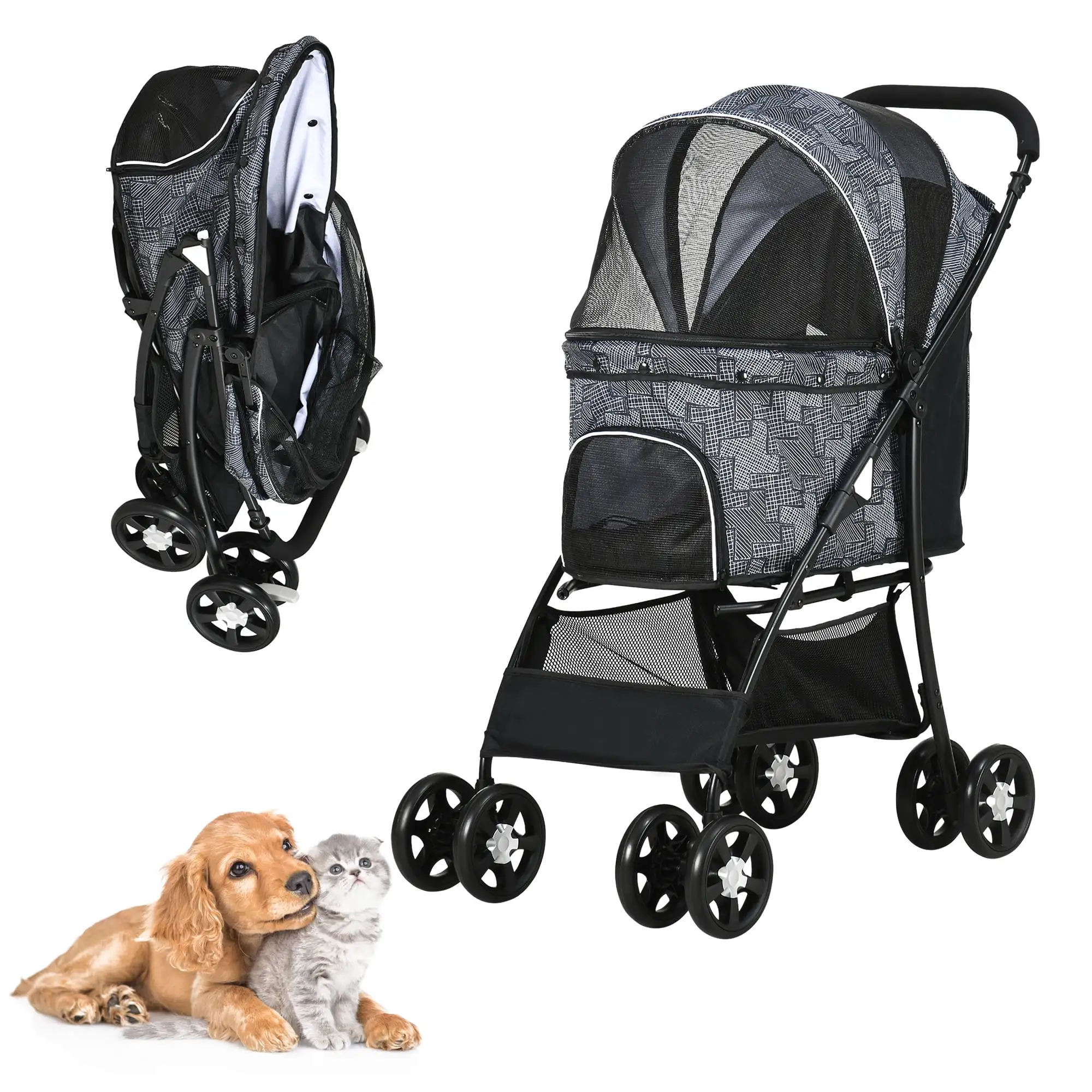 Pet Stroller for Small/Medium Dogs and Cats - Lightweight Foldable Travel Carriage for Puppies. Doggies. Kitties. Bunnies with Storage Basket. Breathable Mesh & 4 Wheels - Up to 33 lbs (Black)