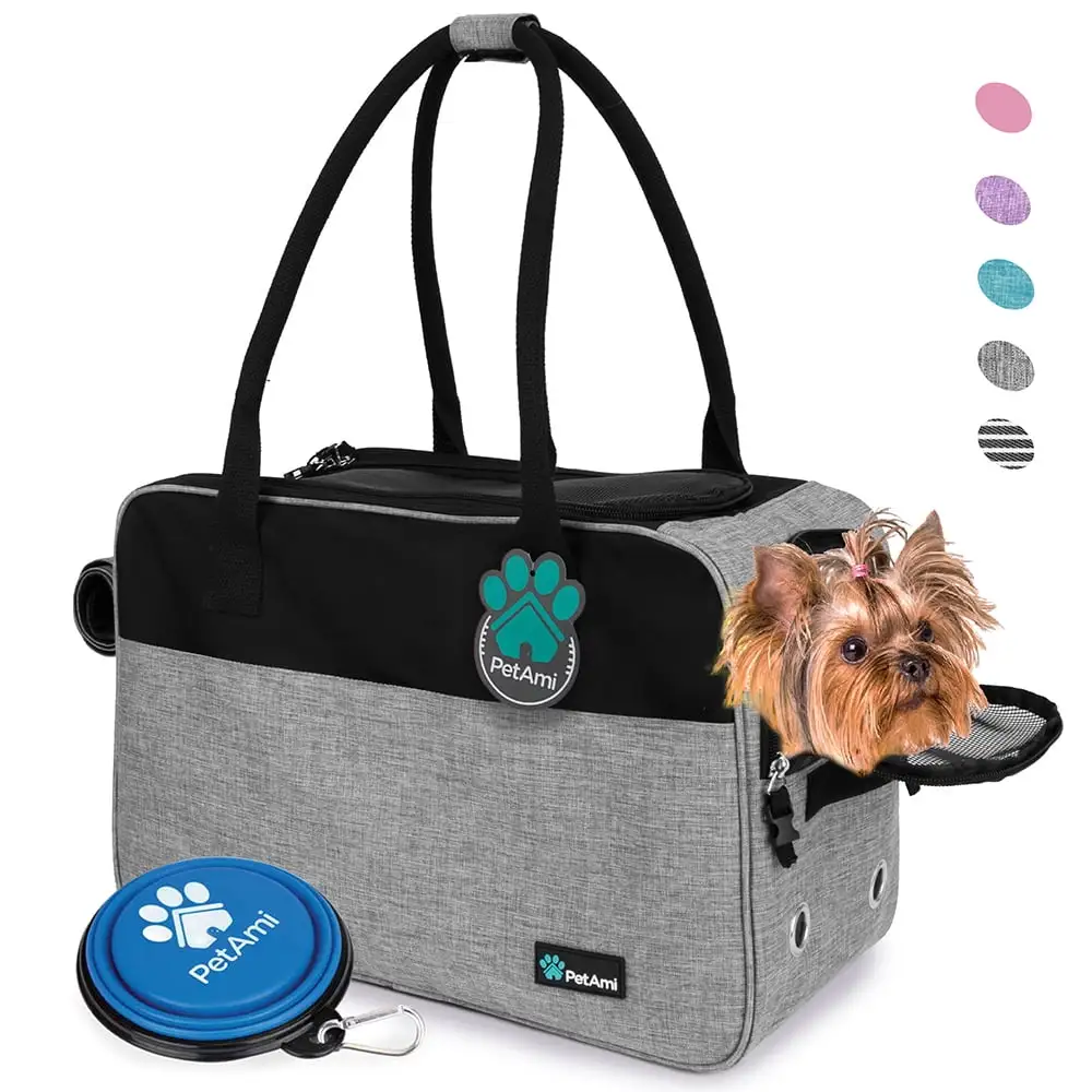 PetAmi Dog Purse Carrier for Small Dogs. Airline Approved Soft Sided Pet Carrier with Pockets. Ventilated Dog Carrying Bag Puppy Cat. Dog Travel Supplies Accessories Carry Tote Bag. Sherpa Bed. Gray