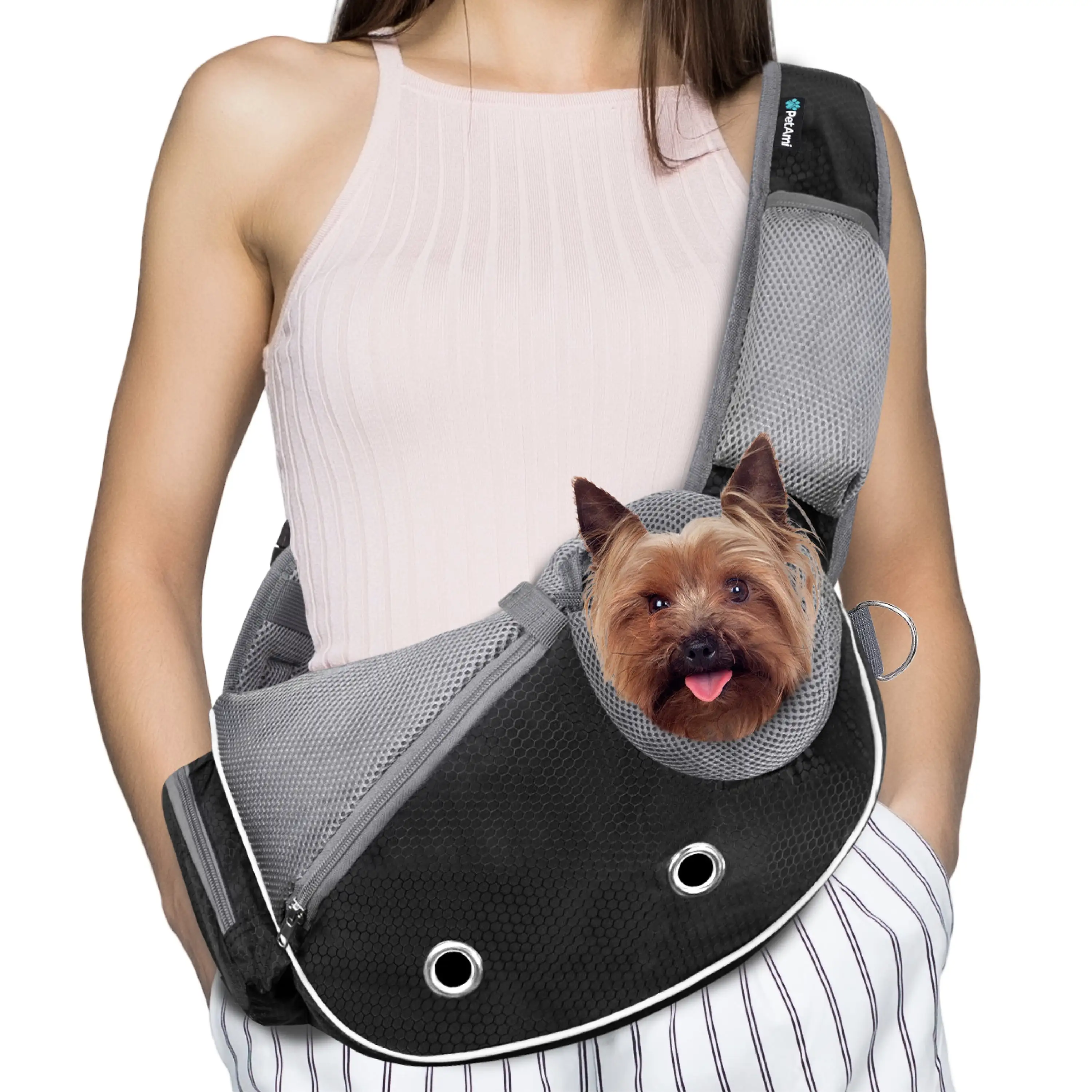 PetAmi Dog Sling Carrier for Small Dogs. Puppy Carrier Sling Purse. Dog Bags For Traveling. Carrying Bag to Wear Medium Cat. Adjustable Crossbody Pet Sling Travel. Poop Bag Dispenser. Max 5 lbs. Black