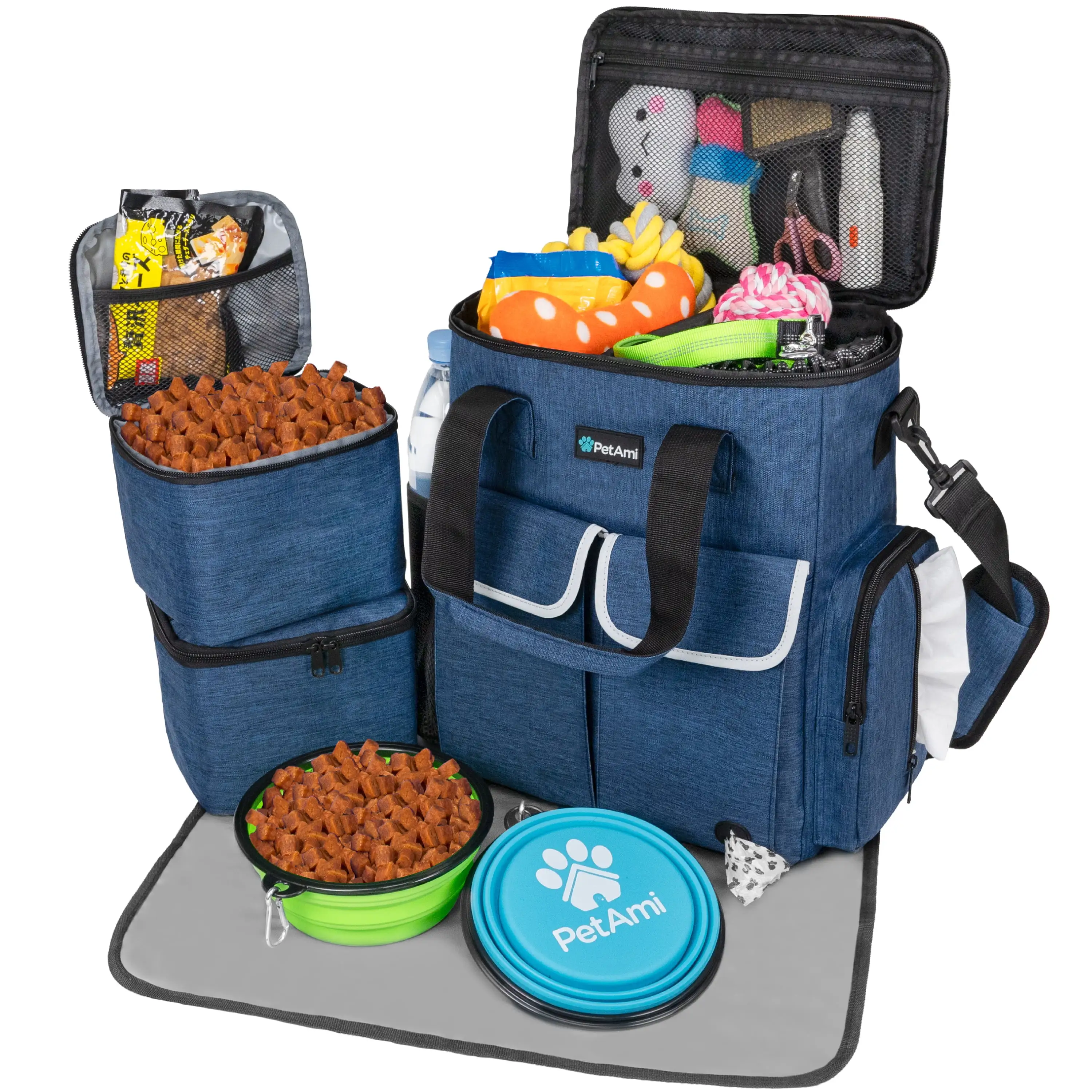 PetAmi Dog Travel Bag Pet Supplies Accessories Organizer. Pet Bag Set For Traveling Camping. Weekend. Dog Food Carrier Container With Collapsible Bowls. Airline Approved Kit. Cat Diaper Bag. Navy Blue