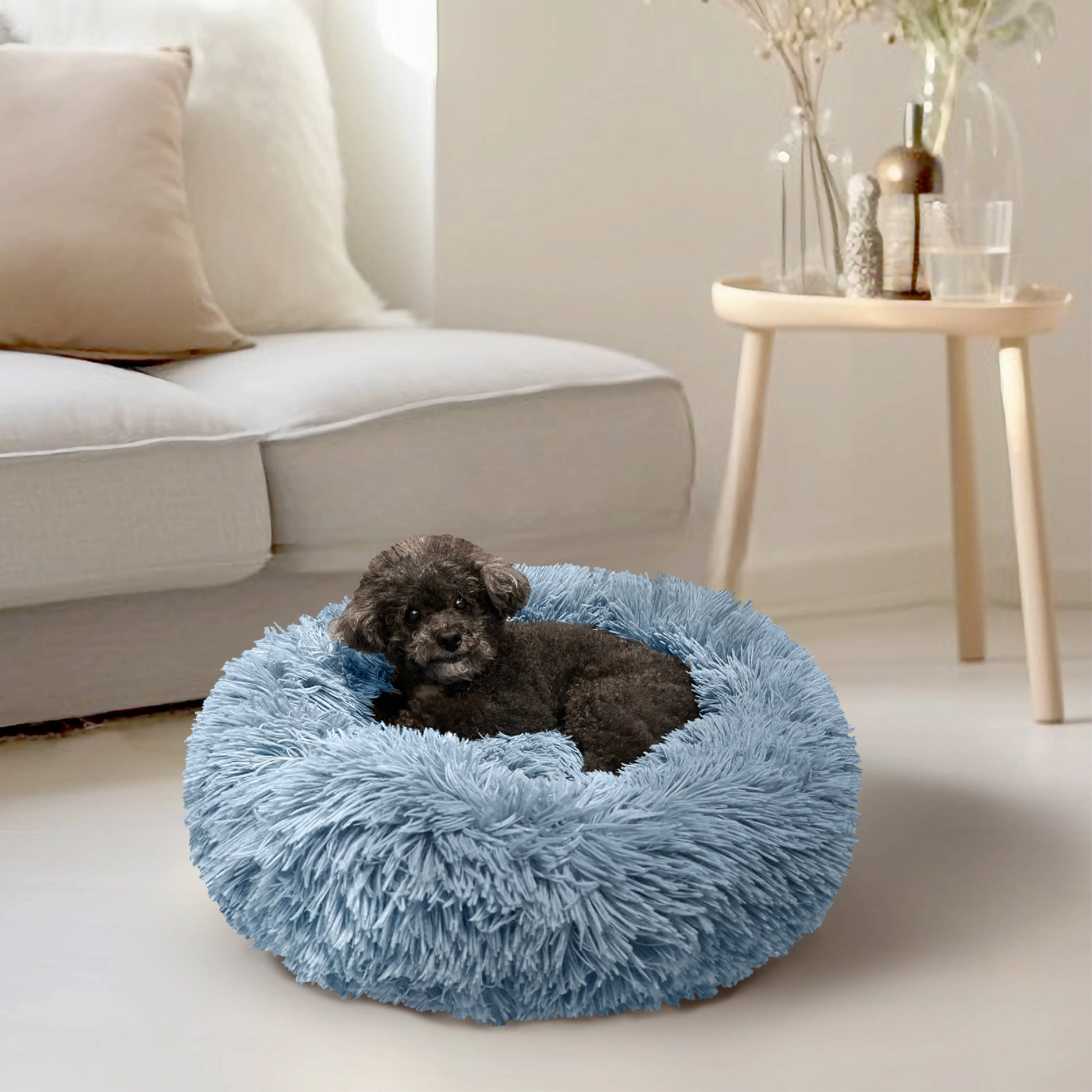 PetAmi Small Calming Dog Bed for Dogs Puppy. Round Washable Pet Bed for Cat Kitten. Anti Anxiety Dog Bed Cuddler for Couch. Fluffy Plush Circular Dog Donut Bed. Fits up to 25 lbs. 23 inch. Dusty Blue