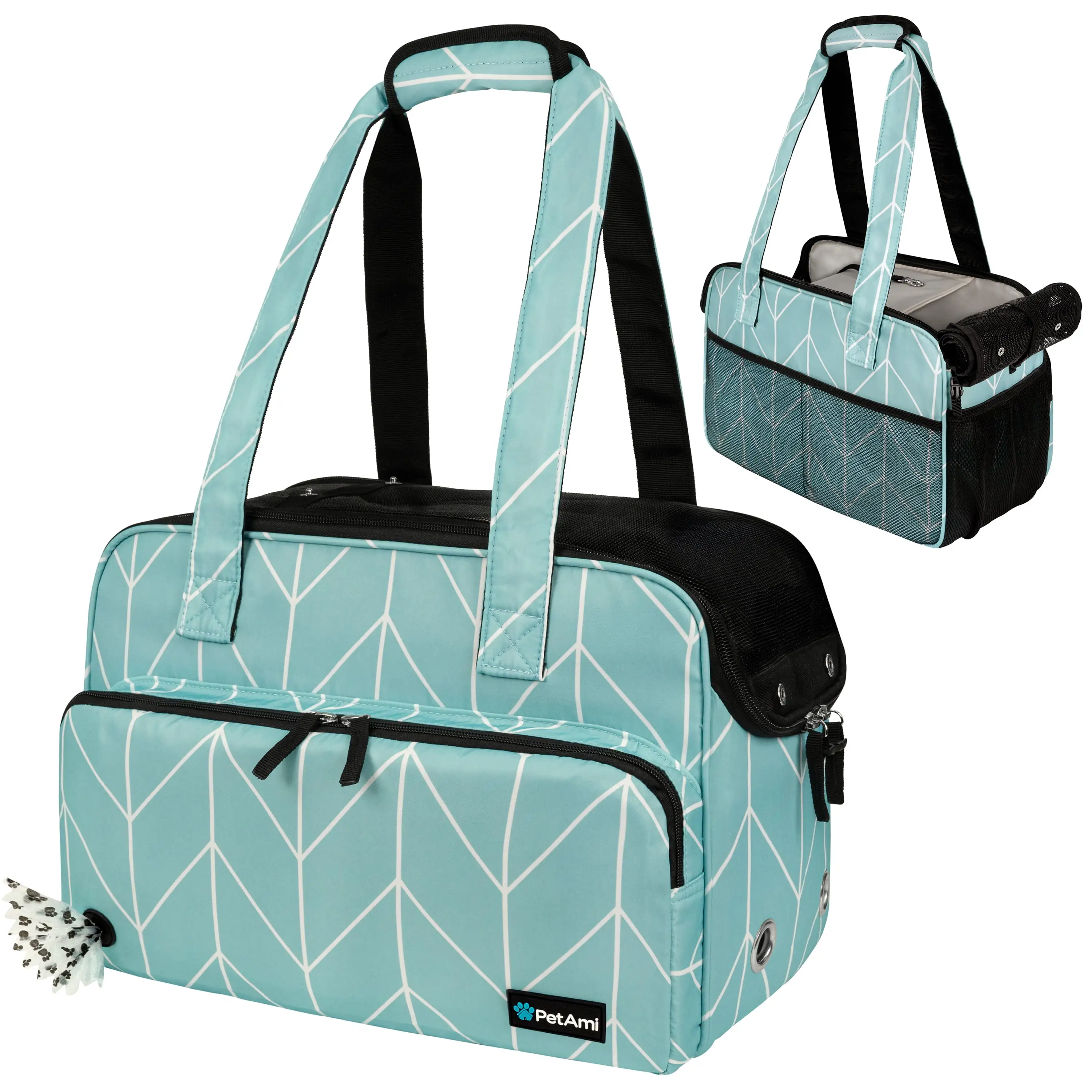 PetAmi Small Dog Purse Carrier. Soft-Sided Pet Carrier Bag Pockets. Portable Medium Dog Puppy Large Cat Travel Handbag Tote. Airline Approved Breathable Mesh. Poop Dispenser. Sherpa Bed. Chevron Teal