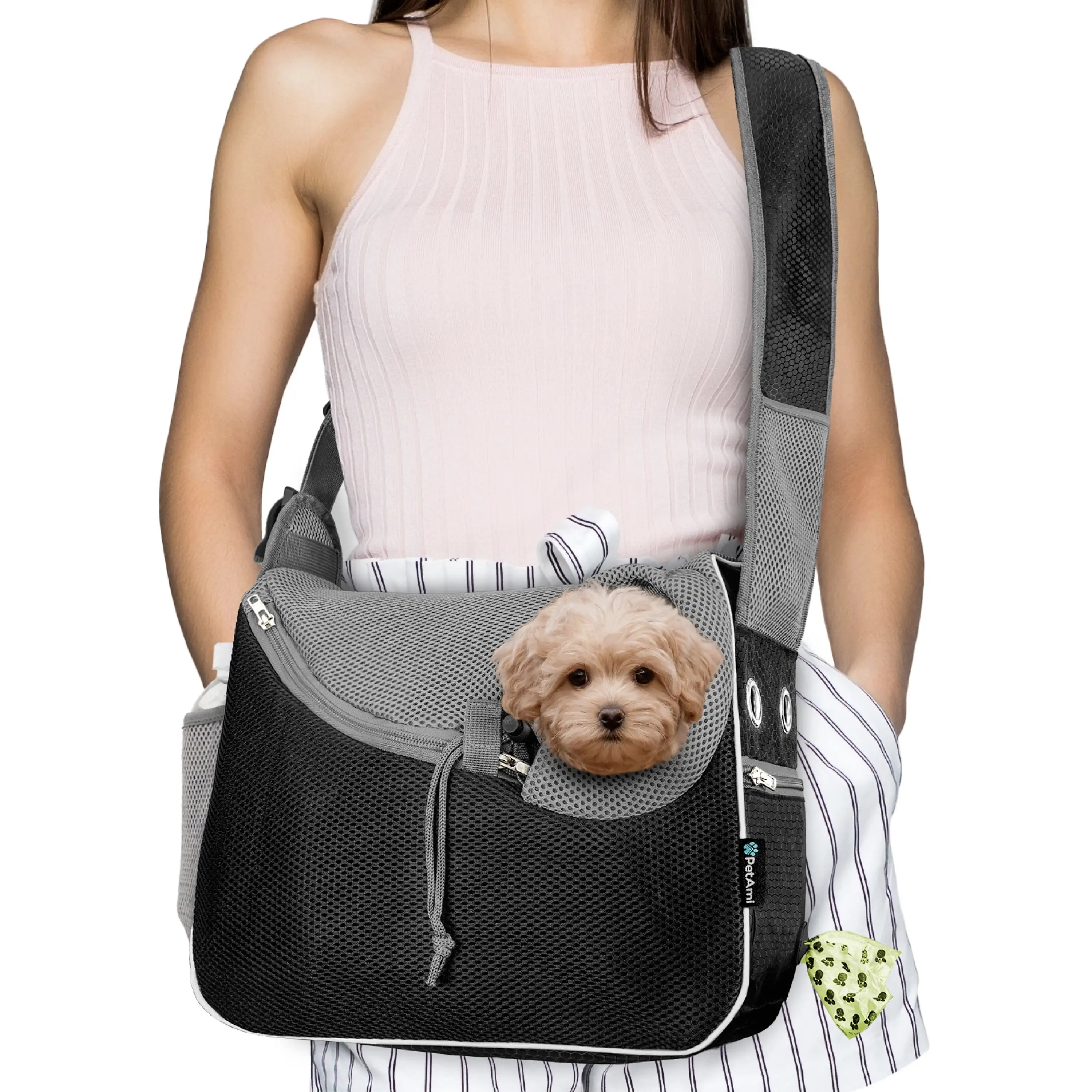 PetAmi Small Dog Sling Carrier. Soft-Sided Crossbody Puppy Carrying Purse Bag. Adjustable Sling Pet Pouch to Wear Medium Dog Cat Travel. Dog Bag for Traveling. Breathable. Poop Bag Dispenser. Black