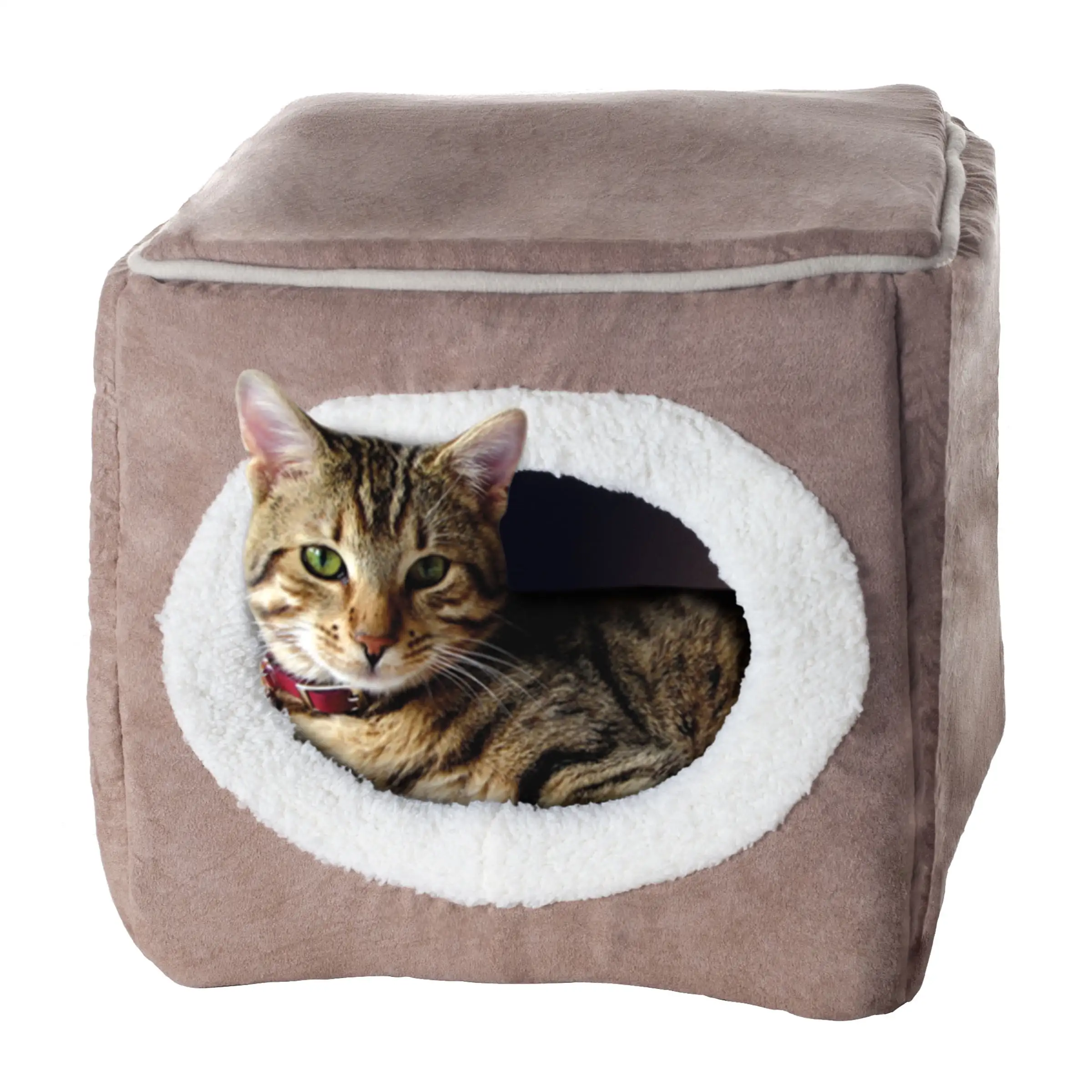 PetMaker Cave Bed - Enclosed Indoor Cat Kitten House with Removable Foam Cushion (Light Brown)