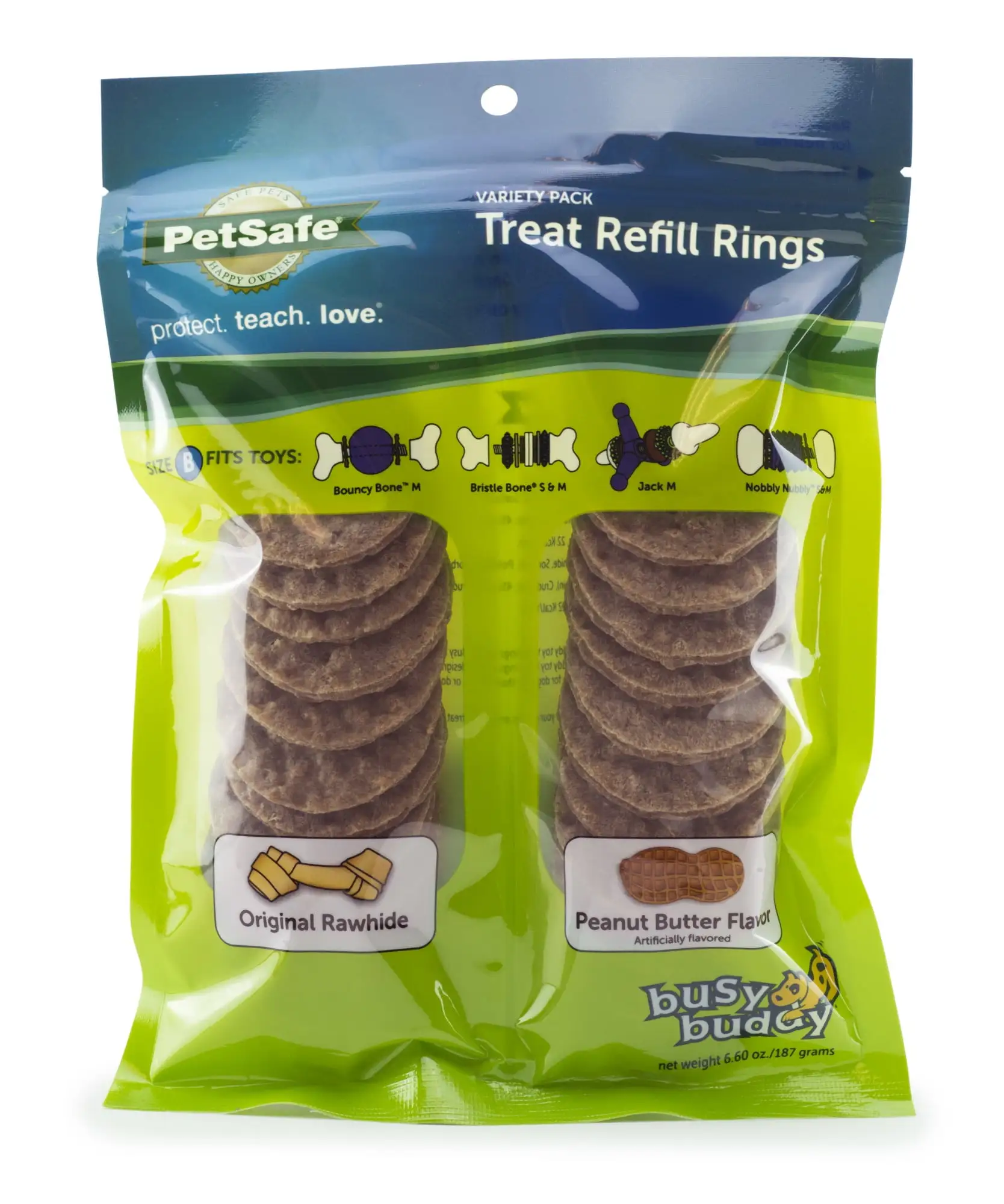 PetSafe Rawhide Treat Ring Refills. Two Flavors Pack. Rawhide and Peanut Butter. Size B. Medium. Dry Food