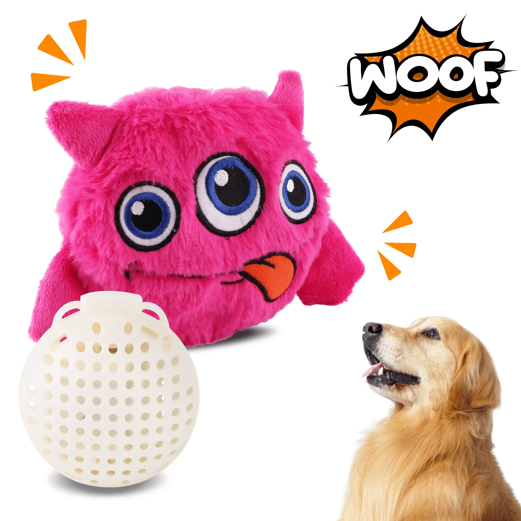 Petbobi Dog Interactive Toys Plush Giggle Ball Squeak Toy for Pets. 3-Eye Pink