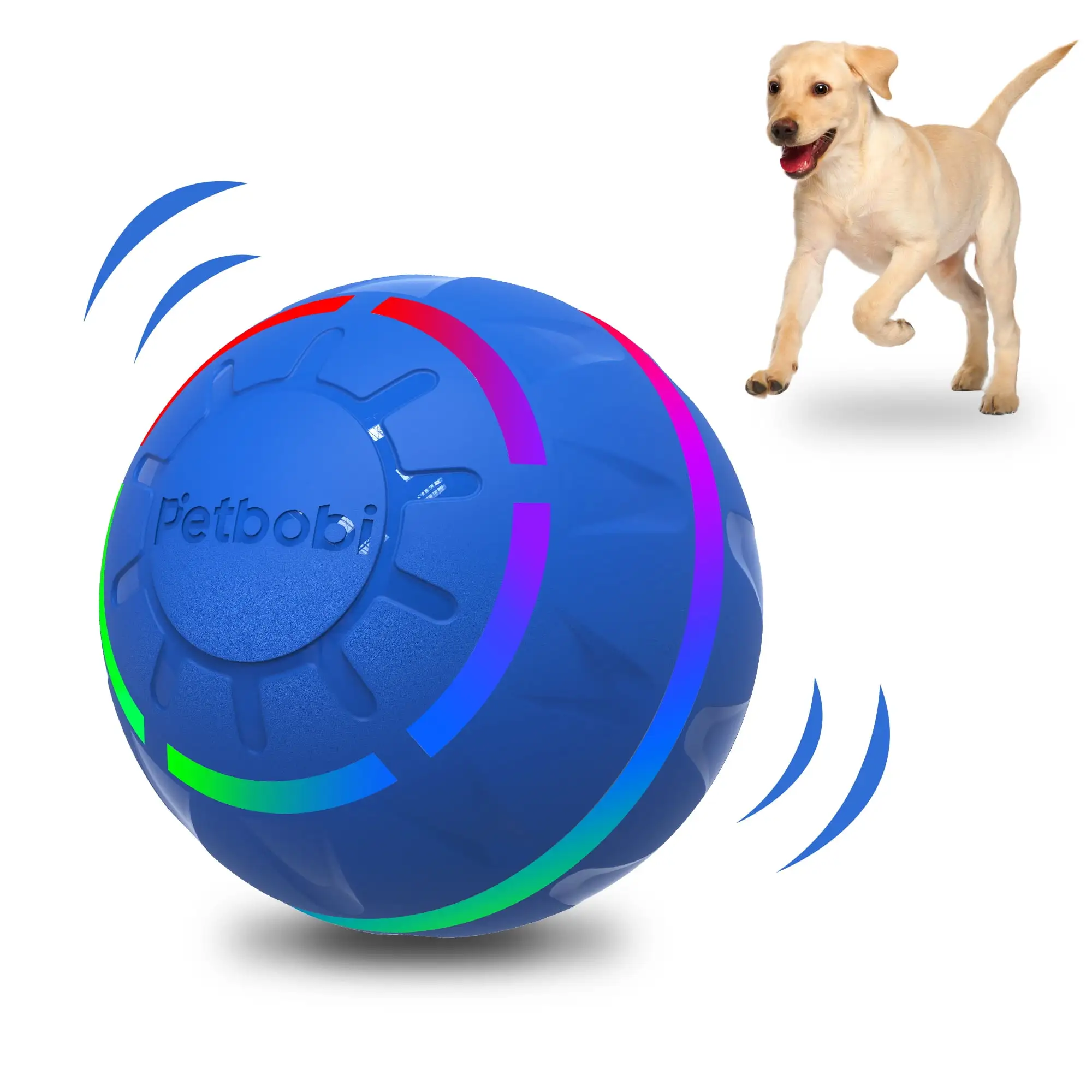 Petbobi Interactive Toy Dog Ball. Active Rolling Ball for Dogs with Flashing LED Light. Moving Bouncing Toys Ball for Medium or Large Dogs. USB Rechargeable. Blue