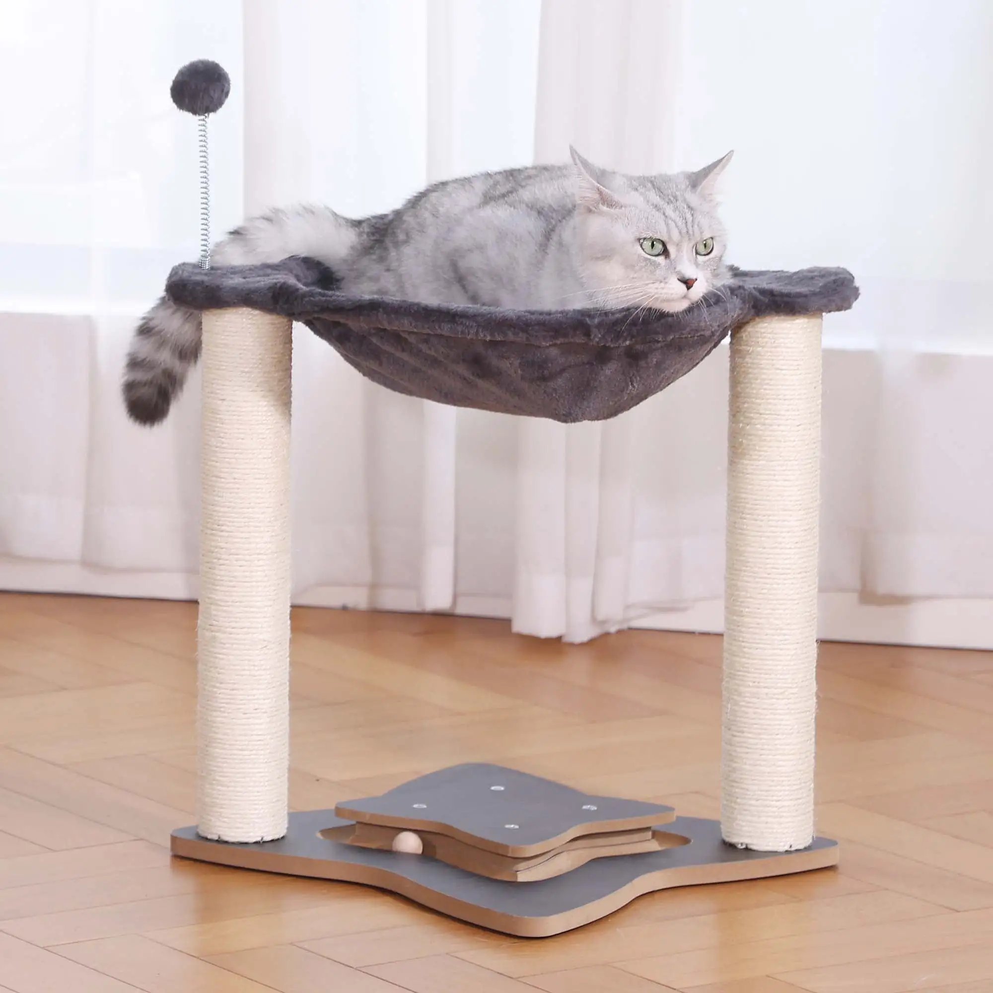 Petfamily Cat Scratching Posts with Hammock. Ball Track Toy for Cats. Grey. Size 15.35x15.35x18.11