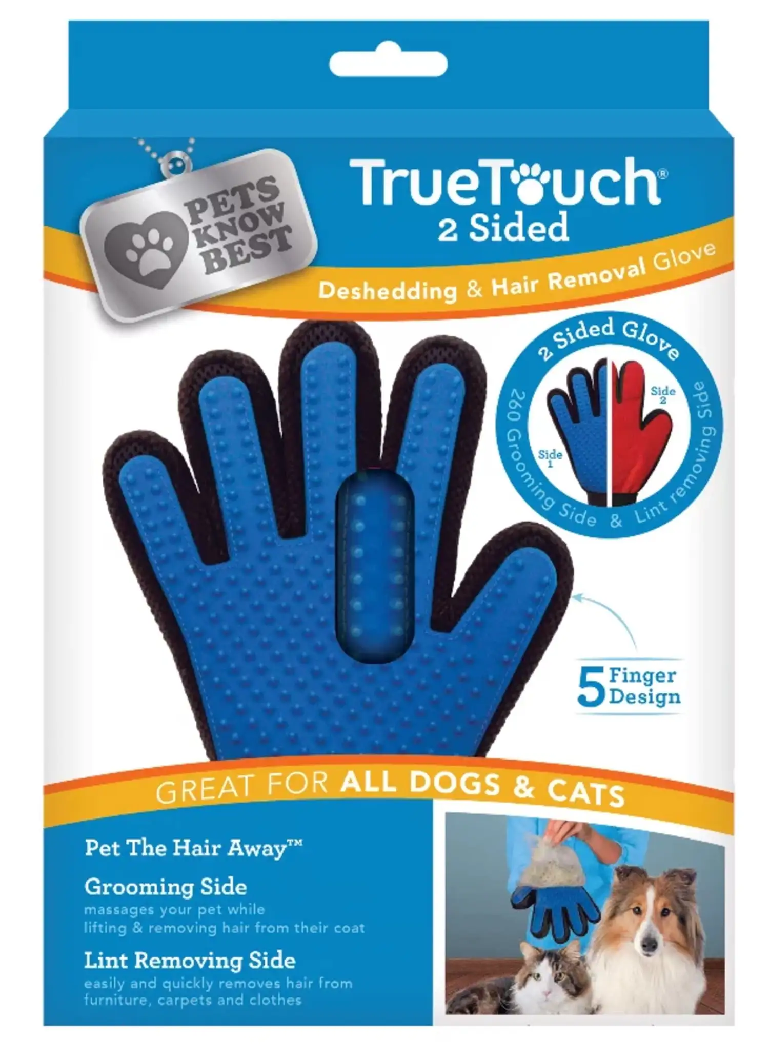 Pets Know Best True Touch 2-Sided Pet De-shedding and Grooming Glove. for Dogs and Cats. Blue