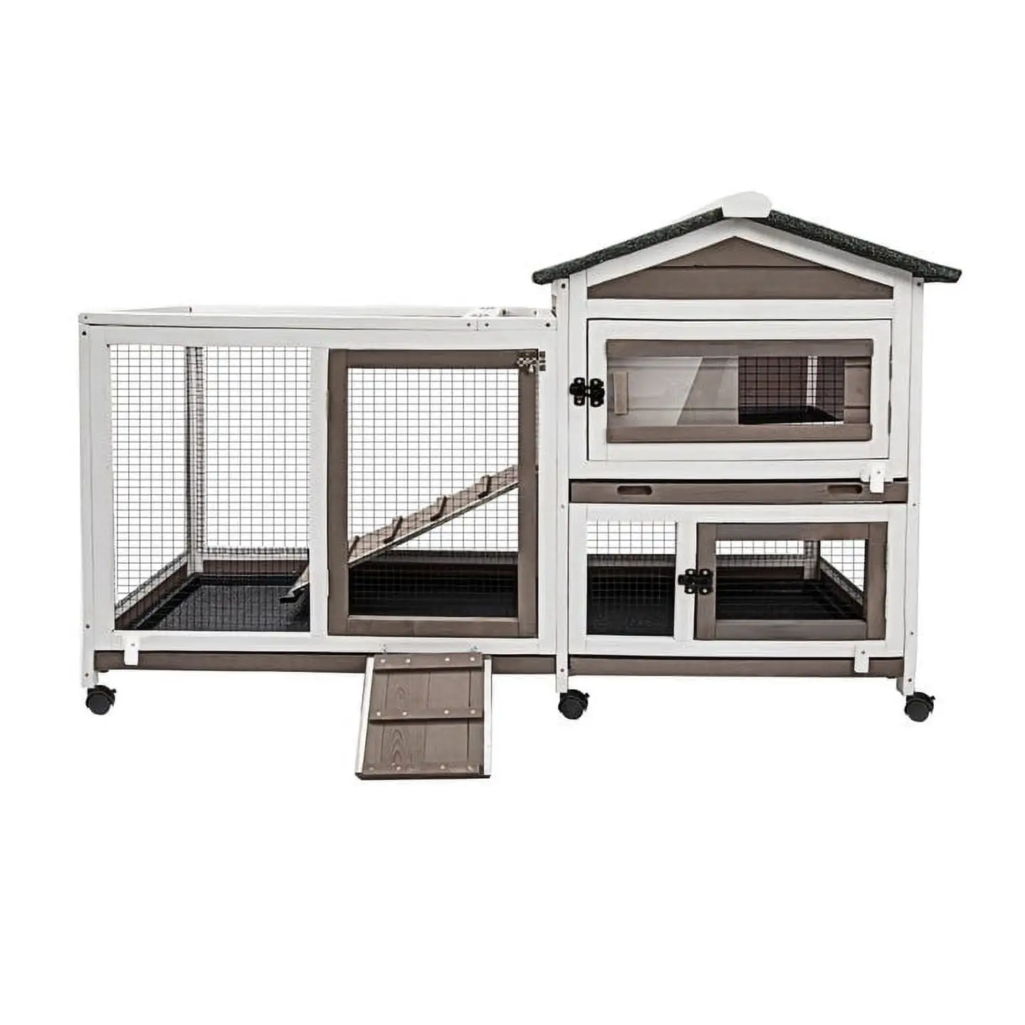 Petscosset Rabbit Hutch Indoor - Bunny Hutch Indoor Upgrade Greywhite Rabbit Cage Wooden Rabbit House with Wheels. Ramp. Openable Roof for Rabbits Guinea Pig Hamster Ferret