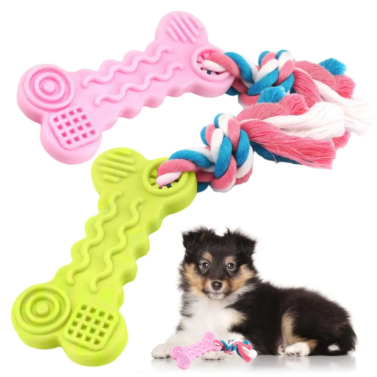 Pink/Green Bone Chew Toy with Rope - Durable Teething Toy for Puppies and Small Dogs-2pack