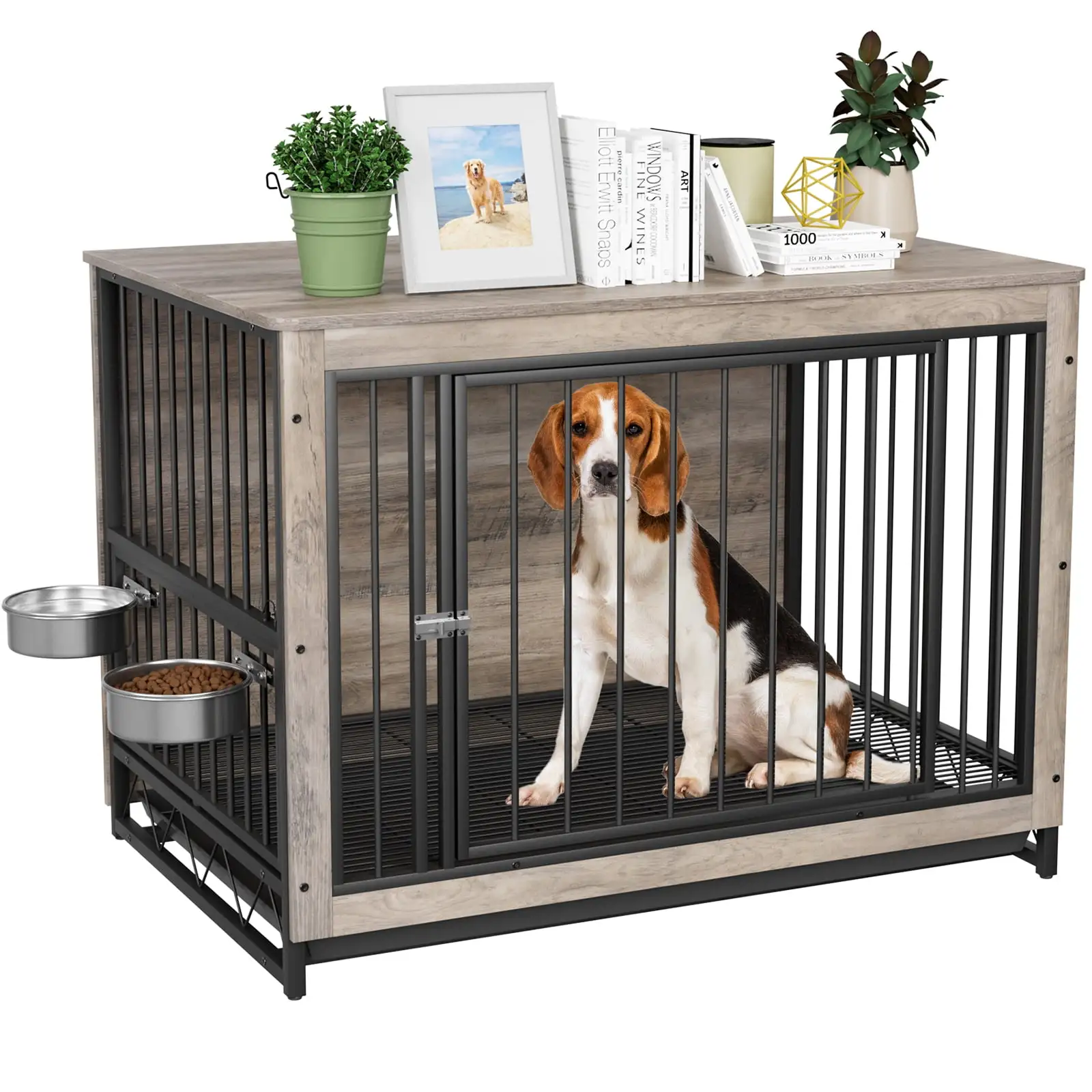 Pirecart 39.4in Wooden Dog Crate Furniture. Dog Kennels with Pull-Out Tray and 2 Bowls