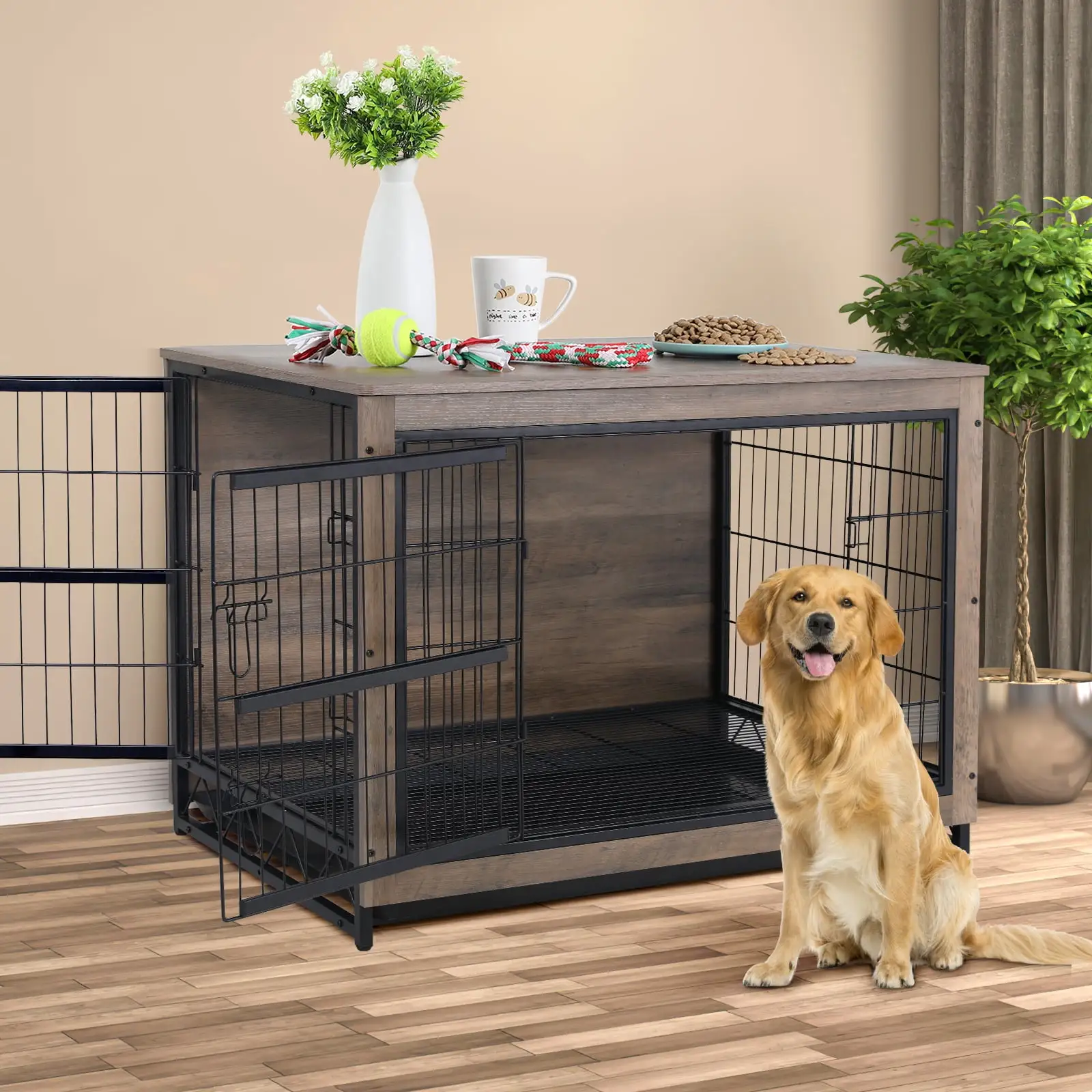 Pirecart 44 Dog Crate Furniture Modern Wooden Dog Kennel with Removable Tray for Small/Medium/Large Dog