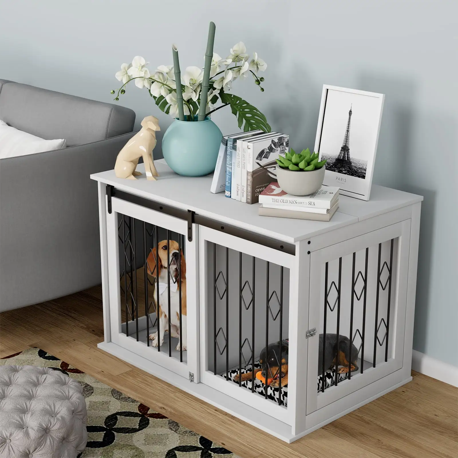 Pirecart Dog Crate Furniture with Sliding Barn Door. 39in Large Dog Kennel Furniture with Flip Top