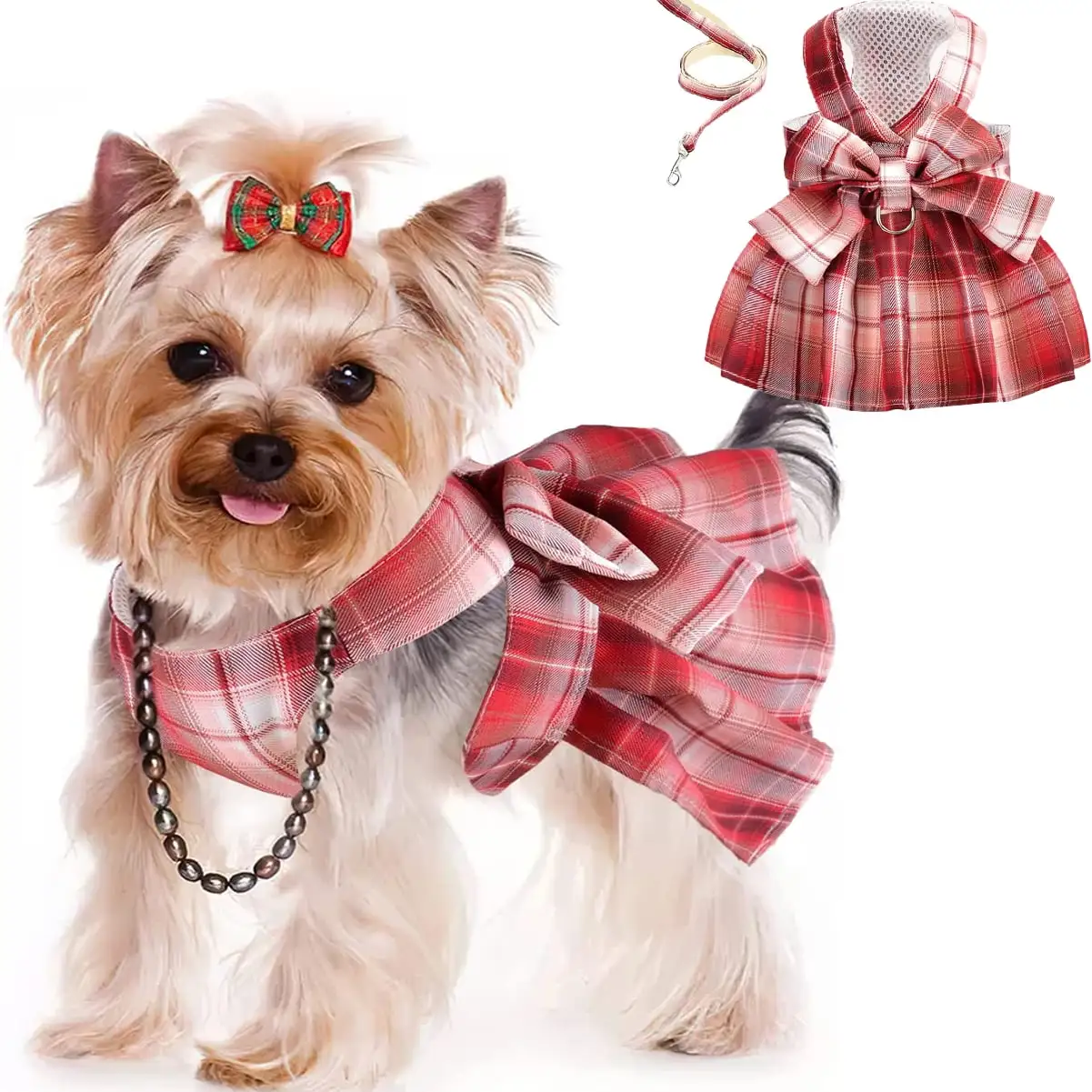 Plaid Dog Dress Harness with Leash Set. Puppy Dresses for Small Medium Dogs Female. Adjustable Doggie Summer Dresses. Yorkie Chihuahua Clothes Girl. Pet Apparel Cats