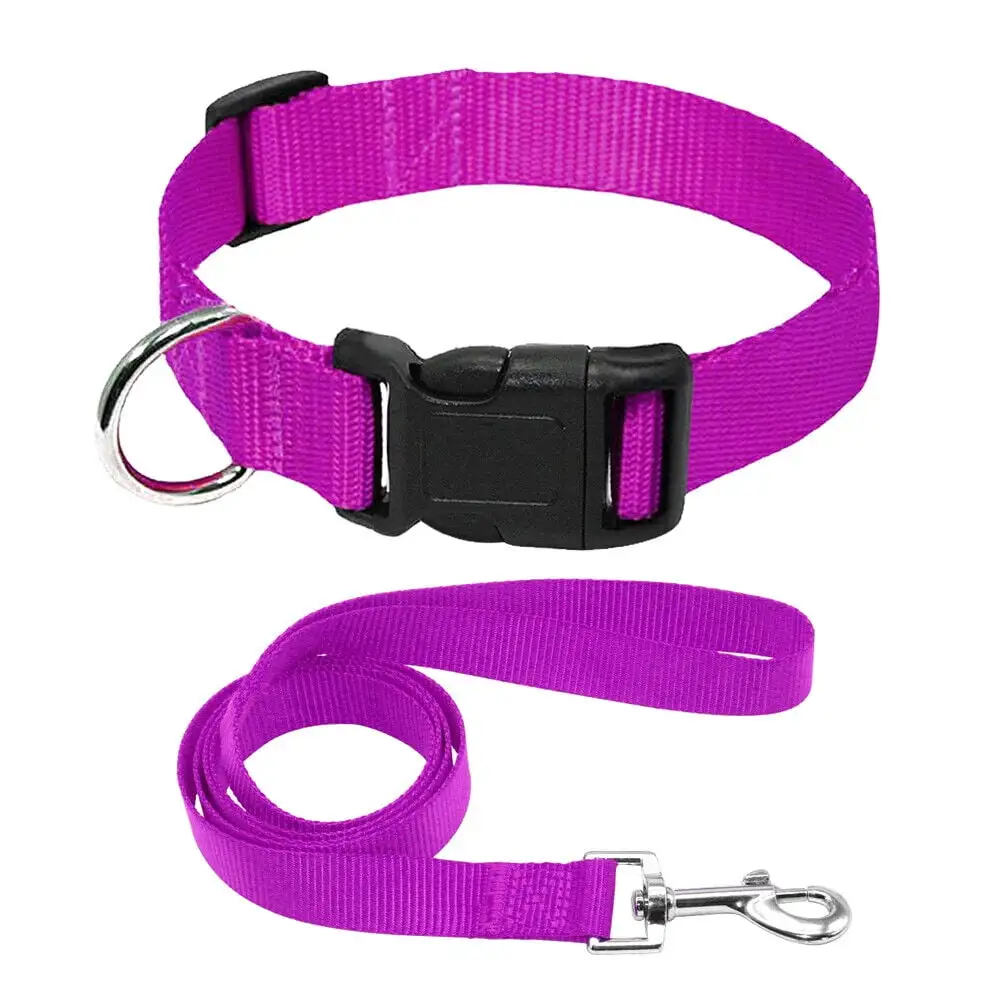 Plain Pet Puppy Cat Dog Collar and Matching Leash set Durable Nylon Rope Adjustable for Small Medium Large Dogs