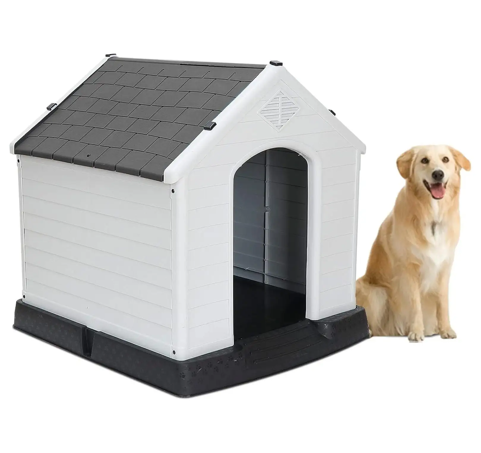 Plastic Dog House Indoor Outdoor All Weather Pet Shelter. Puppy Kennel Crate with for Small to Large Sized Dogs. Gray